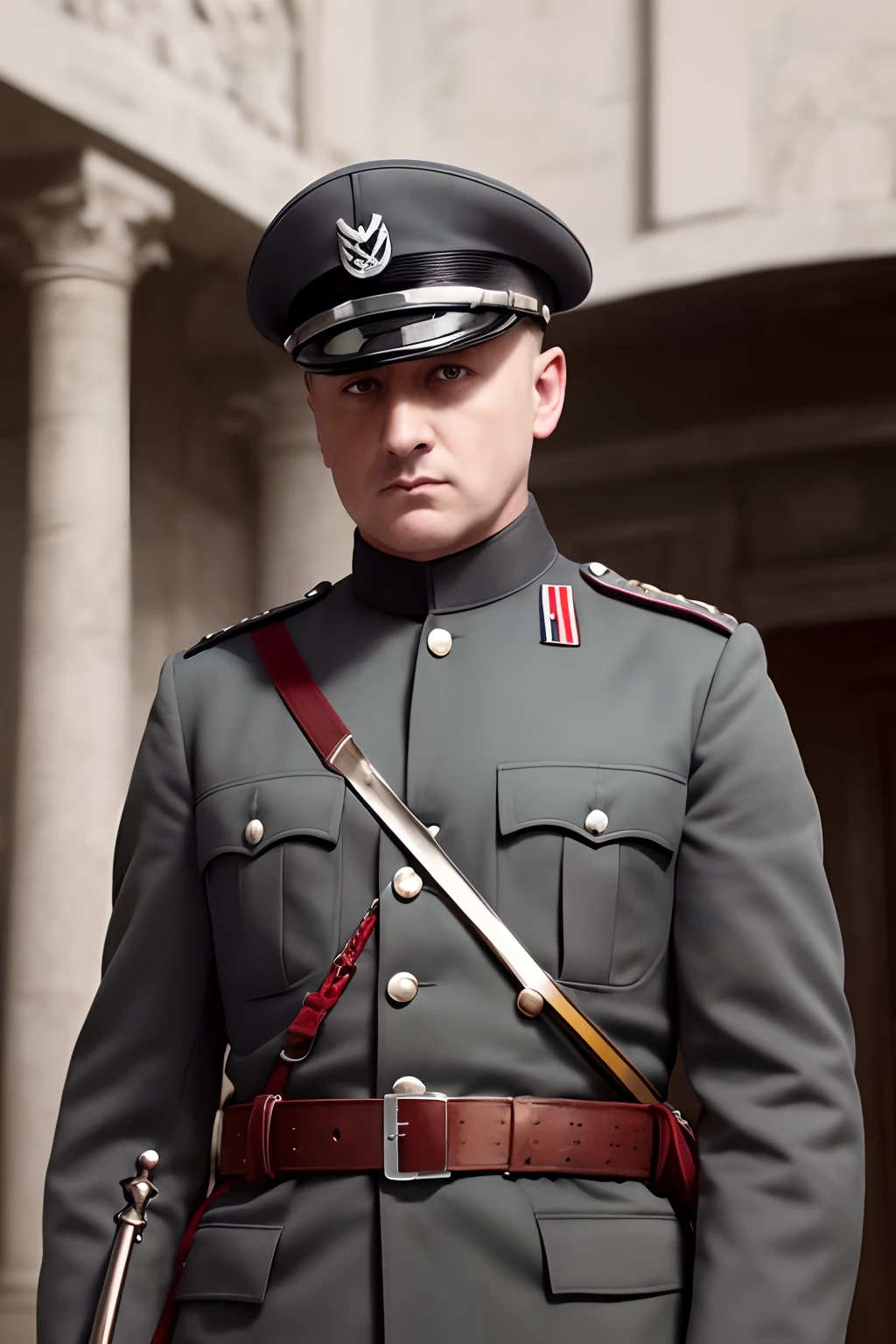 Young male, teenage, nazi general, marschall, Benito Mussolini son, (((colored photo))), ultrarealistic, adolf hitler, benito mussolini, otto strasser, red/white color palette, modern photo, professional photo, dramatic lighting, sony, 8k, posing for photo with sword