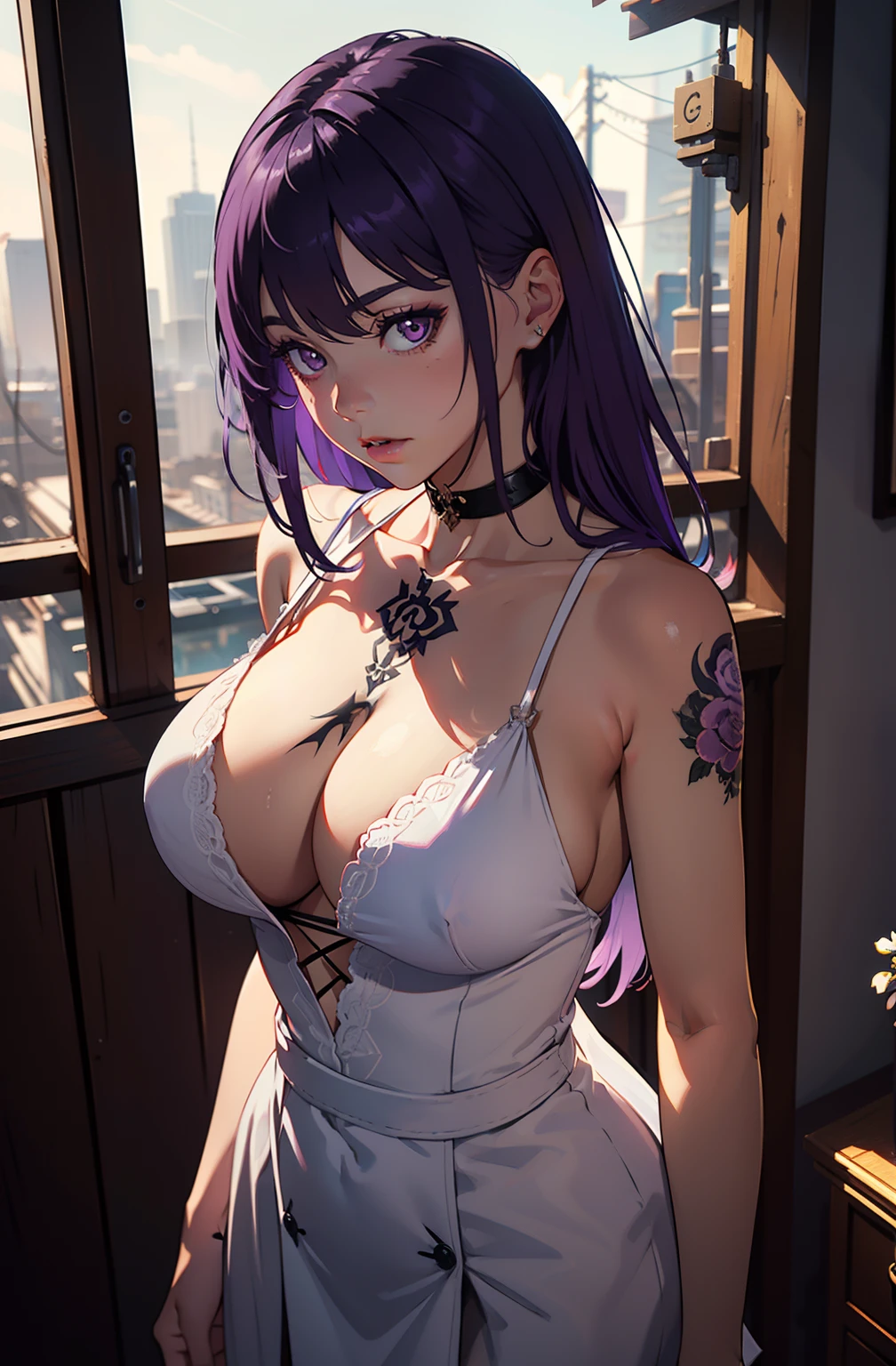 (very detailed background:1.0), (highly detailed background:1.0), (Masterpiece), High Quality, 1girl, woman, tattoo, irezumi, depth of field, dynamic lighting, high quality shadows, feminine, plunging neckline, breast curtains, Revealing clothes, , white dress, reze, purple hair