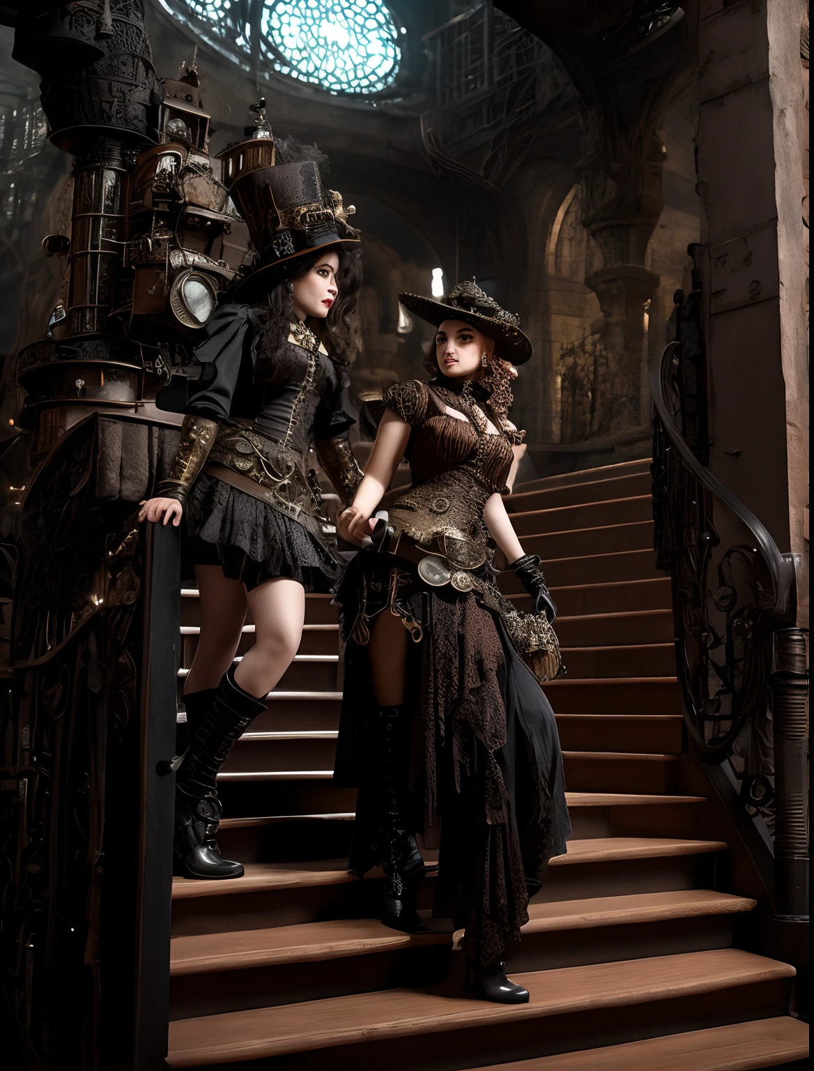 an undead woman in a steampunk uniform in the foreground near the obcietive searches a street of a semi-abandoned gothic village, next to her some grotesque and surreal undead characters