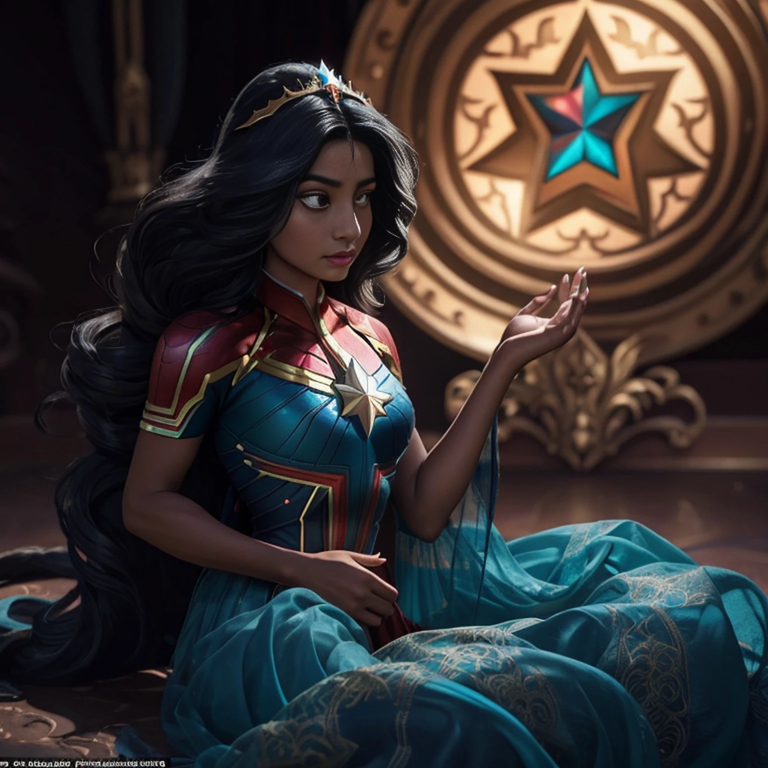 Full Shot, de bela princesa cabelo preto, [fantasia], fundo com arvores de cerejeiras, , olhando para o espectador, no plano astral, toned physique, perfect hands and limbs, (pele detalhada, poros de pele difusa), ethereal, maximum detail, max quality, (bloom: 0.5), raytracing, specular illumination, profundidade de campo rasa, liso, 10 dedos, vestido preto, Captain Marvel cinematic film, [Fantasia Arcana:12]