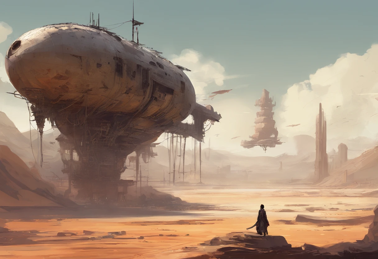 Post-apocalyptic wars, shadowing, Nero, A desert , shadowing, Gloomy atmosphere, darkly, ((natta)), The breadth of the landscape, book cover,Wasteland,A desert,Dilapidated airship,Japanese style。asian-looking,Airship in Asian style,Japanese airship