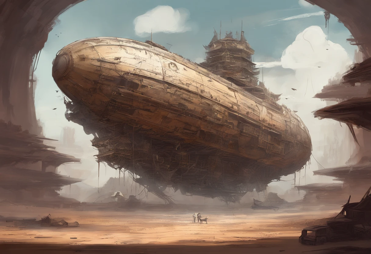 Post-apocalyptic wars, shadowing, Nero, A desert , shadowing, Gloomy atmosphere, darkly, ((natta)), The breadth of the landscape, book cover,Wasteland,A desert,Dilapidated airship,Japanese style。asian-looking,Airship in Asian style,Japanese airship
