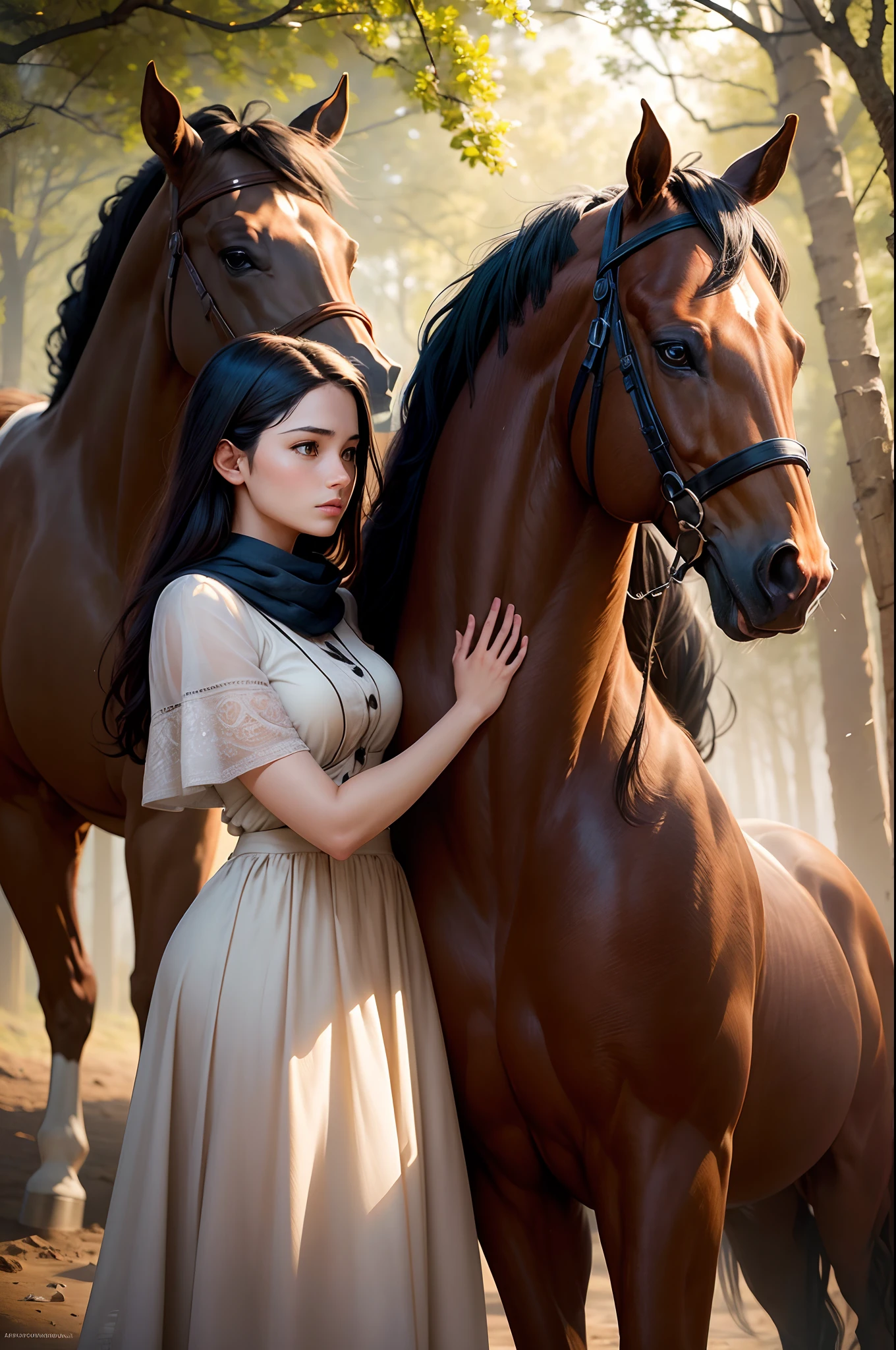 A high-resolution photographic image that captures the beauty of the interaction between a woman and a horse, with vibrant colors and a stunning natural background. The sharp focus highlights the details of the woman's expression and the horse's coat. This scene evokes the feeling of freedom and harmony between humans and nature, in a style reminiscent of the work of renowned photographers such as Annie Leibovitz and Steve McCurry. Sunlight illuminates the scene softly and naturally, creating a serene and authentic atmosphere.