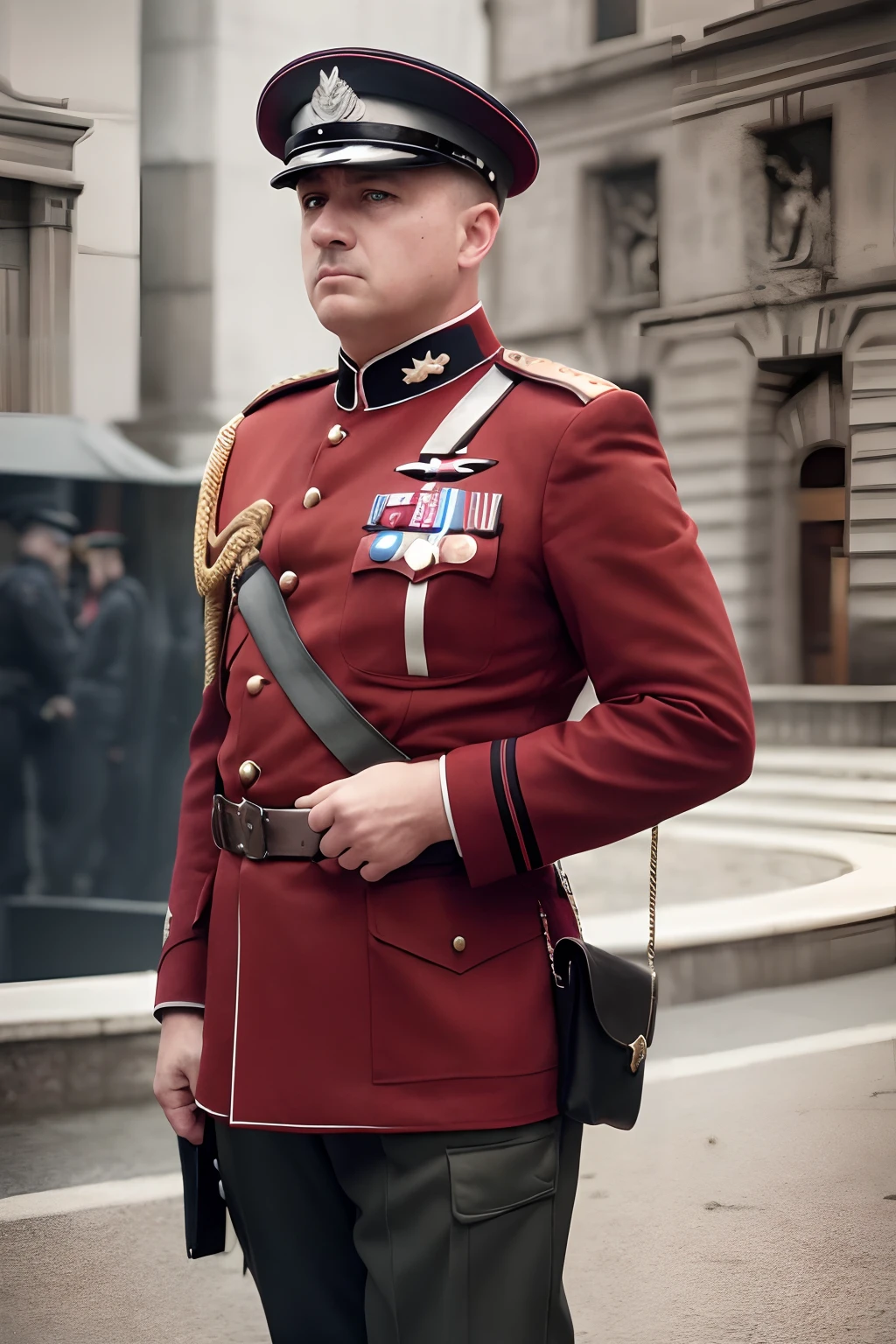 Young male, nazi general, marschall, Benito Mussolini son, (((colored photo))), ultrarealistic, adolf hitler, benito mussolini, otto strasser, red/white color palette, modern photo, professional photo, dramatic lighting, sony, 8k, posing for photo