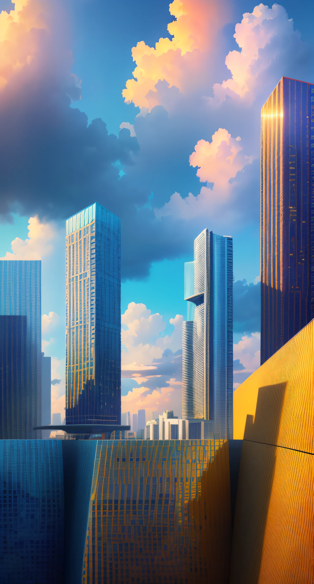 (Best quality,8K, high resolution, Masterpiece :1.2), ultra - detailed, Colorful architecture, Colorful, Blue skies, Lots of architectural details, Breathtaking cityscape, Towering buildings, A marvel of modern architecture, Stunning visual composition, An architectural masterpiece in every detail