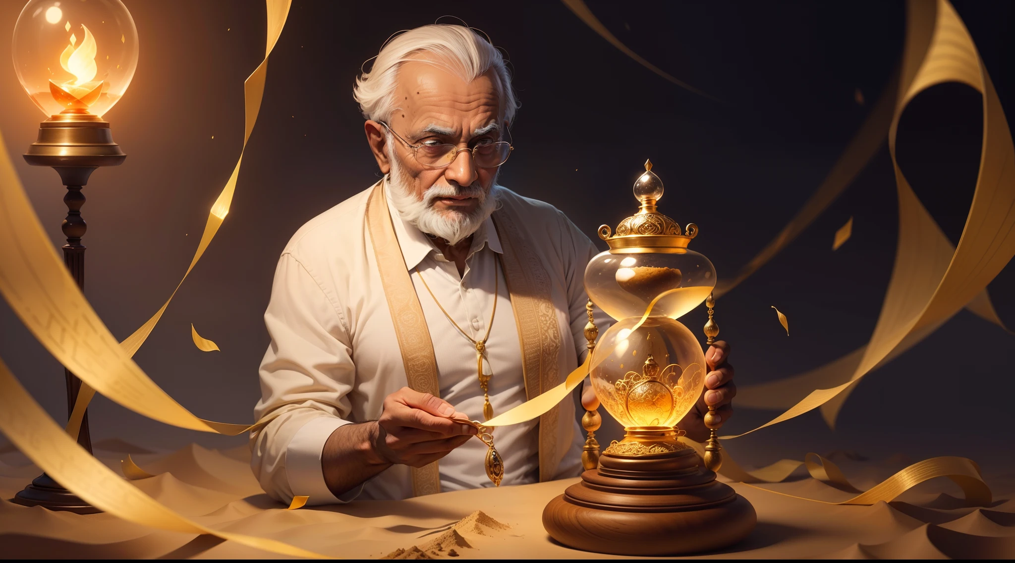Generate an image of the old wise Mr. Gupta gently holding an hourglass, with grains of sand elegantly falling through. Convey wisdom and the passage of time.