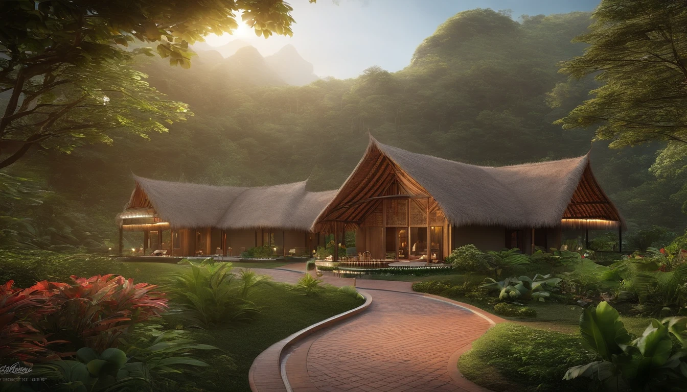 Resorts in Thailand with all cycles Both raw clay brick houses with grass roofs, activity zones, water parks and parks, and 2 cute train trains, a big waterfall seen from the entrance and around the resort is a forest, oxygen production, a village, a total land plot of 1000 rai.