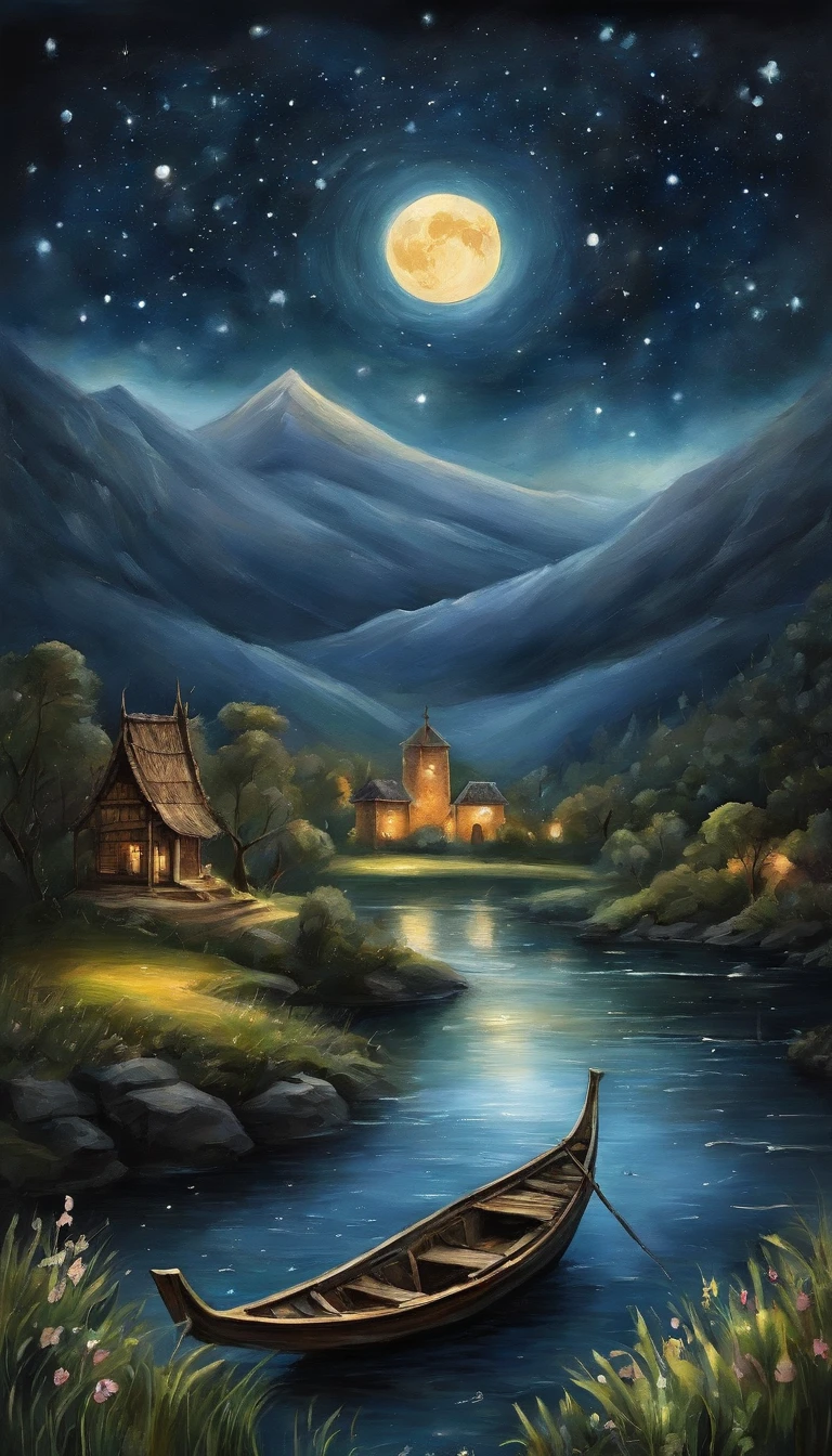 Night view of the old town，Seek and find，cheerless，The moon falls, the crescent moon falls into the lonely well，Fragmented，Bit by bit，There are flowers in dreams, green meadows in dreams，Long hair causes ripples，Shirabu Shishiiso，Kappa poles swing the boat，Crossing the ancient rare，（Small rivers），（Ancient boats），（There is a bright full moon in the distant night sky），（Shining stars），（Starcloud），（nighttime scene），Inspired by Van Gogh，（Van Gogh starry sky painting style），OilPaintStyle，8k wallpaper，light and shadow effect，Tyndall，rendering by octane，White balance，Unreal 5，Extremely detailed picture，depth of fields，tmasterpiece，realisticlying，RAY
