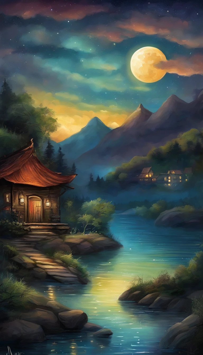 Night view of the old town,Seek and find,cheerless,The moon falls, the crescent moon falls into the lonely well,Fragmented,Bit by bit,There are flowers in dreams, green meadows in dreams,Long hair causes ripples,Shirabu Shishiiso,Kappa poles swing the boat,Crossing the ancient rare,(Small rivers),(Ancient boats),(There is a bright full moon in the distant night sky),(Shining stars),(Starcloud),(nighttime scene),Inspired by Van Gogh,(Van Gogh starry sky painting style),OilPaintStyle,8k wallpaper,light and shadow effect,Tyndall,rendering by octane,White balance,Unreal 5,Extremely detailed picture,depth of fields,tmasterpiece,realisticlying,RAY