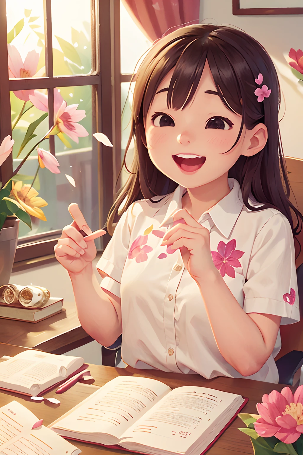 photoRealstic、Sit at your desk and enjoy studying with friends、Opens mouth and laughs、up of face、flower petals、season spring