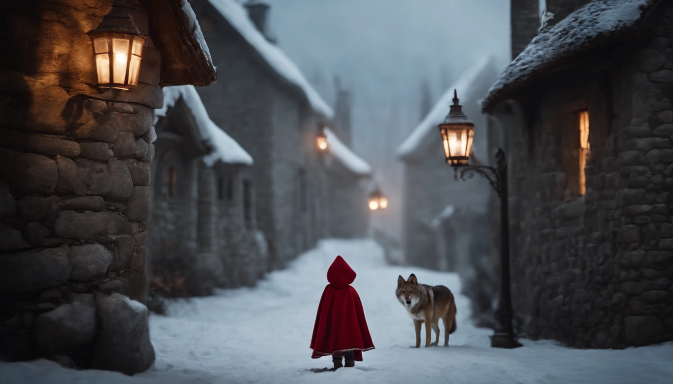 ue,Medieval cityscape,Stone House,snowscape,Little Red Riding Hood Little Girl,coyote
