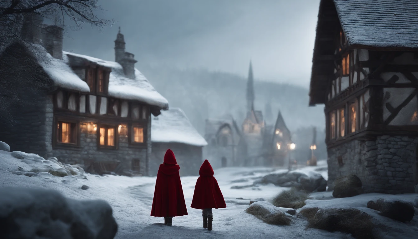 ue,Medieval cityscape,Stone House,snowscape,Little Red Riding Hood Girl,coyote