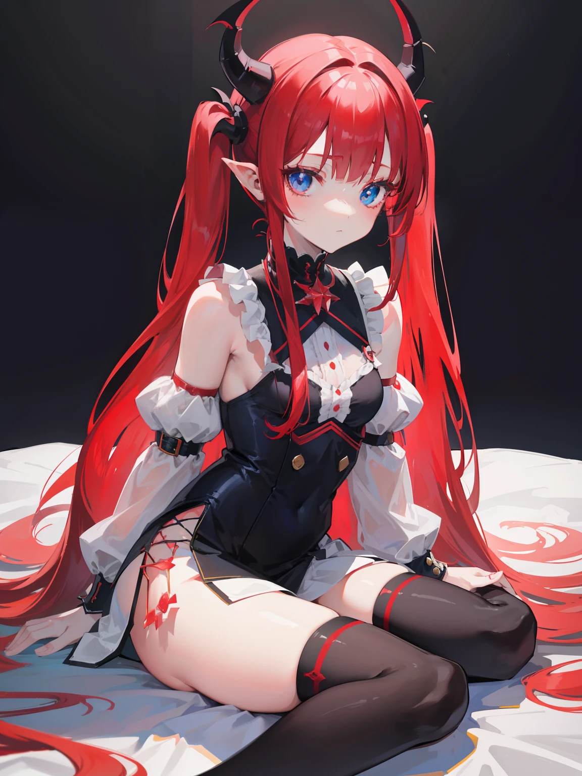 Red hair,Blue eyes,Twintails, Long hair, Solo, Loli, Black stockings,{{Best quality}}, {{Masterpiece}}, {{Ultra-detailed}}, {illustration}, {Detailed light}, {An extremely delicate and beautiful},Little girl,Cute,Succubus, demon,Horns