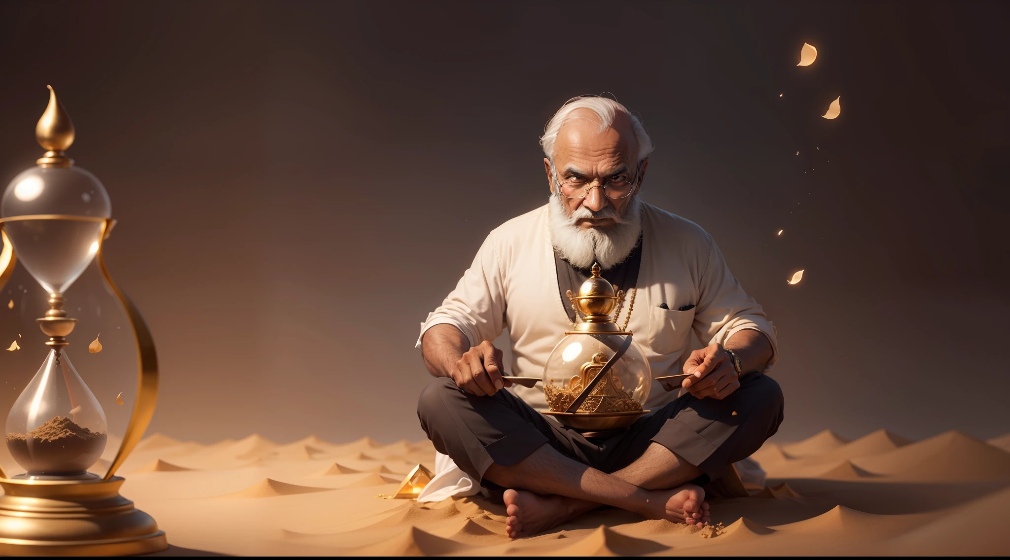 Generate an image of the old wise Mr. Gupta gently holding an hourglass, with grains of sand elegantly falling through. Convey wisdom and the passage of time.