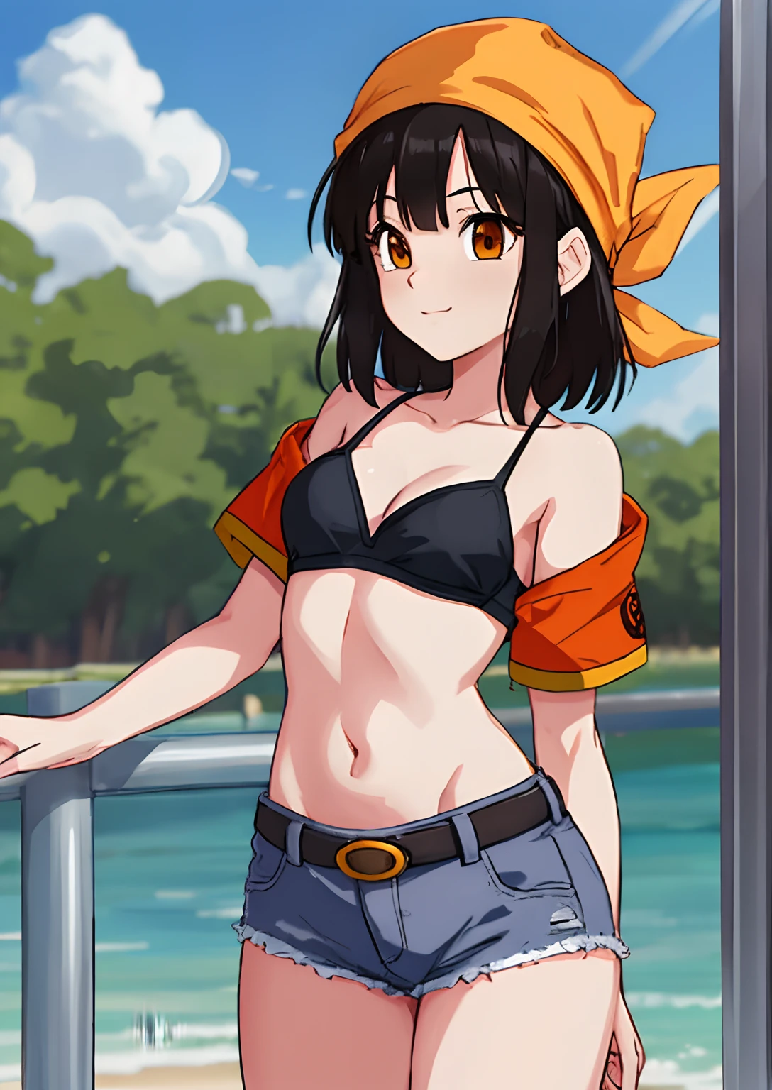 Obra maestra, La mejor calidad, highest qualityr, fotorrealista, Perfect anatomy, Cara perfecta, ojos perfectos, bandana naranja, pandballgt, 1girl, ojos negros, cabello negro, pelo corto, orange bikini, pants, Guantes sin dedos, Camisa roja, Recortar arriba, al aire libre, girl woman (((brasier)))