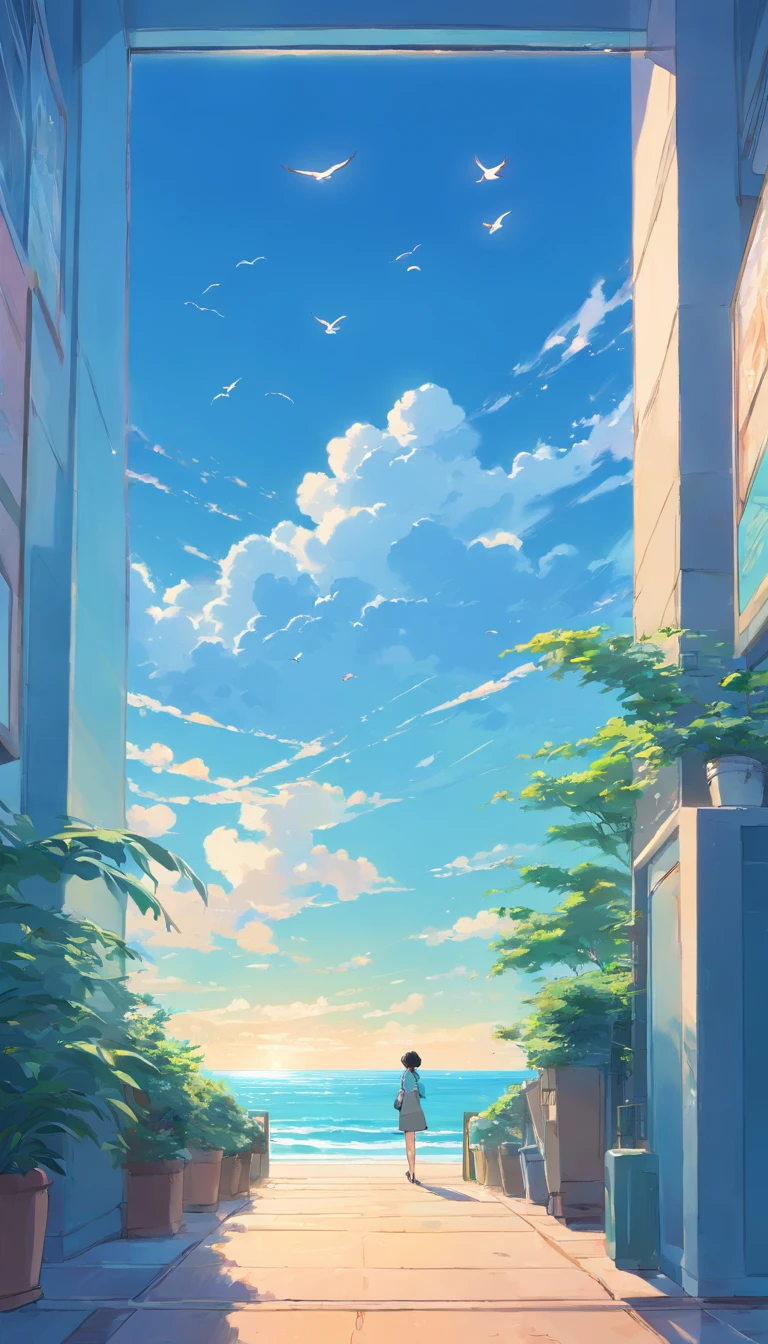 blue-sky，baiyun，Birds in the distance，the sea，Expansive picture，Faraway view