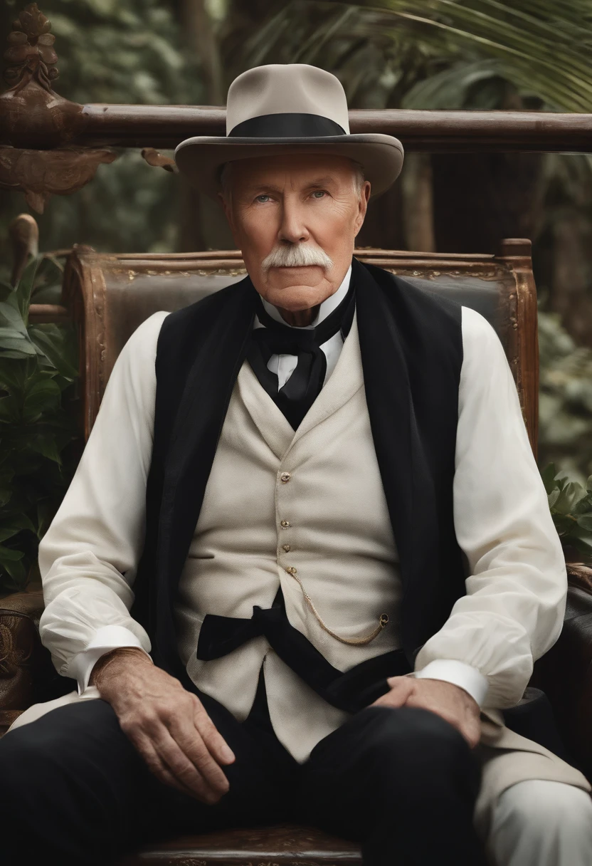 Old gentleman John D. Rockefeller with a goatee,sit on chair,Eyes look at boots,Black high-gloss rain boots, 8K分辨率,Wallpaper masterpiece,Best quality,digitial painting,Highly meticulous,Ultra high quality