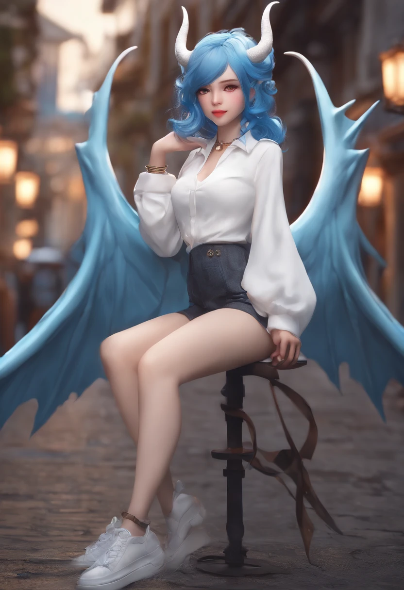 Anime girl with blue hair and horns on a street, 3D realistic anime, 2. 5 d cgi anime fantasy artwork, anime style 3d, anime style. 8k, 4k anime style, 3d style realistic anime, deviantart artstation cgscosiety, digital anime art, guweiz style art art, detailed digital anime art, white shirt, dragon wings