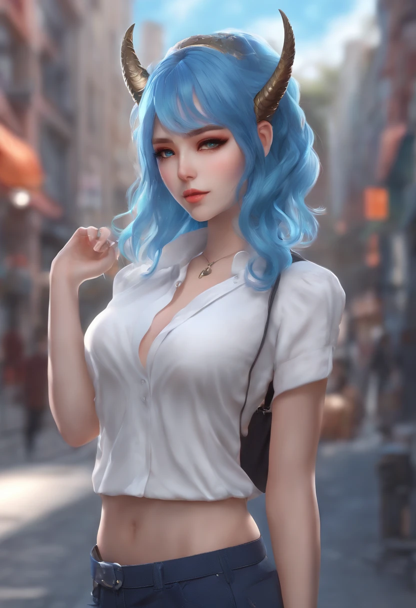 Anime girl with blue hair and horns on a street, 3D realistic anime, 2. 5 d cgi anime fantasy artwork, anime style 3d, anime style. 8k, 4k anime style, 3d style realistic anime, deviantart artstation cgscosiety, digital anime art, guweiz style art art, detailed digital anime art, white shirt, dragon wings