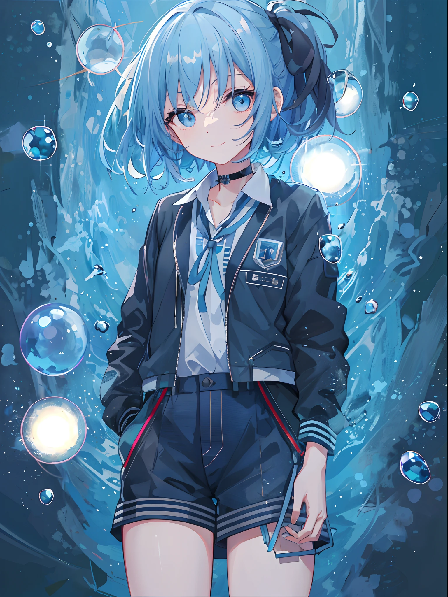 ((top-quality)), ((​masterpiece)), ((ultra-detailliert)), (extremely delicate and beautiful), girl with, 独奏, cold attitude,((Black jacket)),She is very(relax)with  the(Settled down)Looks,A dark-haired, depth of fields,evil smile,Bubble, under the water, Air bubble,bright light blue eyes,Inner color with light blue hair and dark blue tips,Cold background,Bob Hair - Linear Art, shortpants、knee high socks、White uniform like school uniform、Light blue ribbon ties、Clothes are sheer、Hands in pockets((top-quality)), ((​masterpiece)), ((ultra-detailliert)), (extremely delicate and beautiful), girl with, 独奏, cold attitude,((Black jacket)),She is very(relax)with  the(Settled down)Looks,A dark-haired, depth of fields,evil smile,Bubble, under the water, Air bubble,bright light blue eyes,Inner color with light blue hair and dark blue tips,Cold background,Bob Hair - Linear Art, shortpants、knee high socks、White uniform like school uniform、Light blue ribbon ties、Clothes are sheer、Hands in pockets