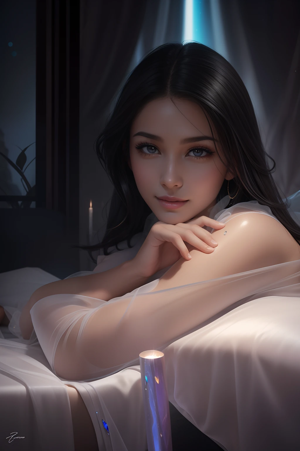 1girll,(enchanced quality:1.4),(Top quality true texture skin), Delicate face,Black hair, Gradient hair, Petite body,(perfect bodies:1.1), There are precious stones on the forehead, rimless eyewears, Sparkling pupils,long eyelasher,grin, hyper photorealism, Cinematic lighting, projected inset, surrealism, hyper HD, Masterpiece, 16k,Lie down,dream on,Wear transparent silk pajamas,Carmelto,Legs slightly open,Tattooed with,Fantasy space,Luxurious space