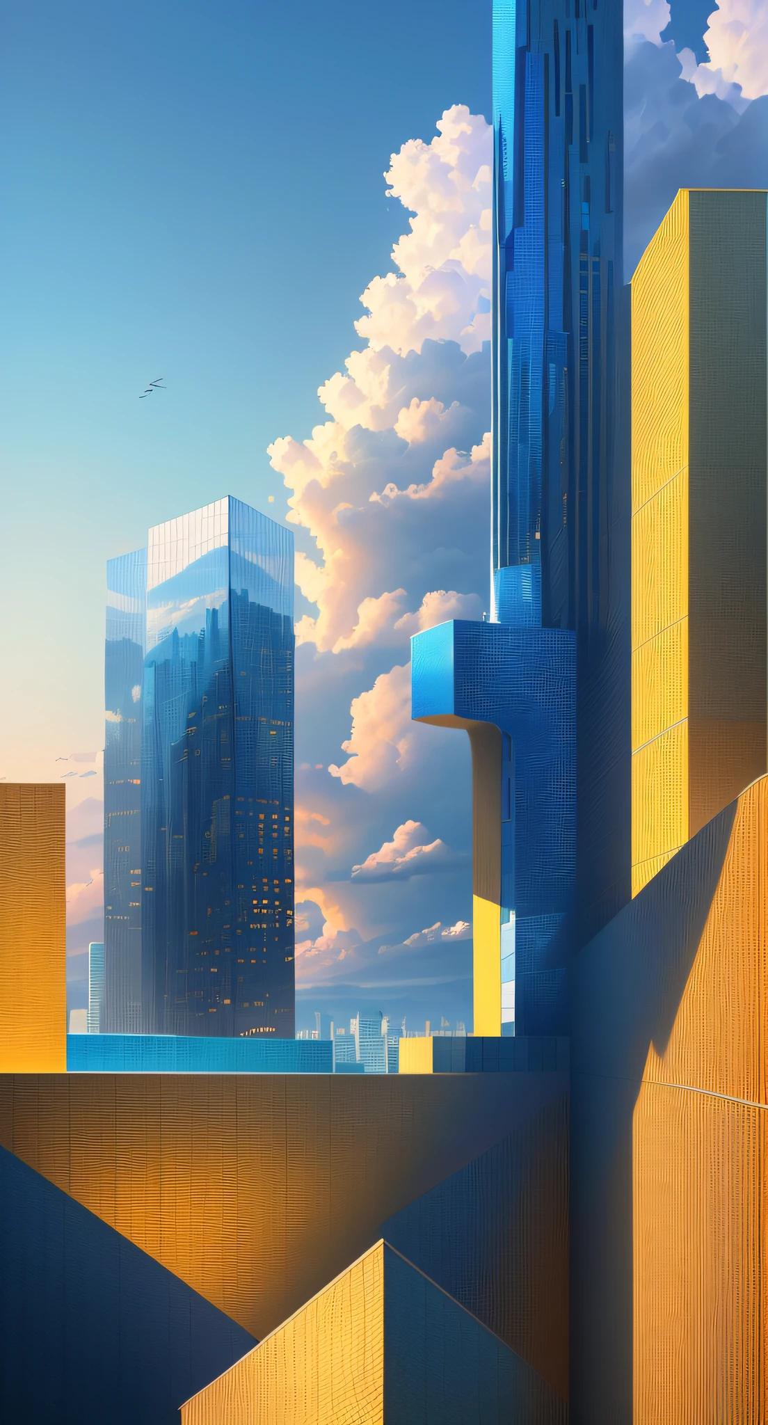 (Best quality,8K, high resolution, Masterpiece :1.2), ultra - detailed, Colorful architecture, Colorful, Blue skies, Lots of architectural details, Breathtaking cityscape, Towering buildings, A marvel of modern architecture, Stunning visual composition, An architectural masterpiece in every detail
