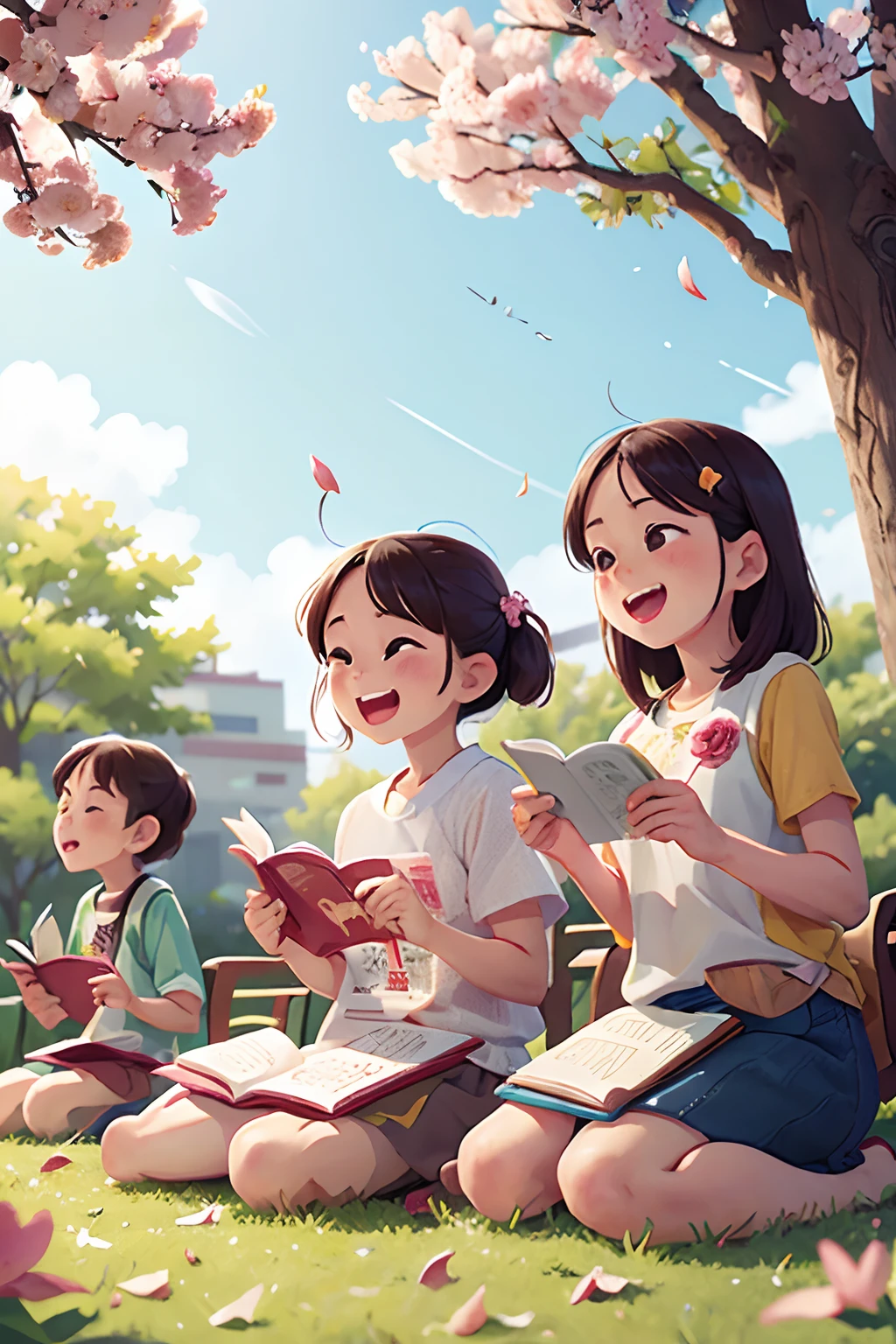 photoRealstic、Sit in a city park and enjoy studying with friends、Opens mouth and laughs、up of face、flower petals、season spring