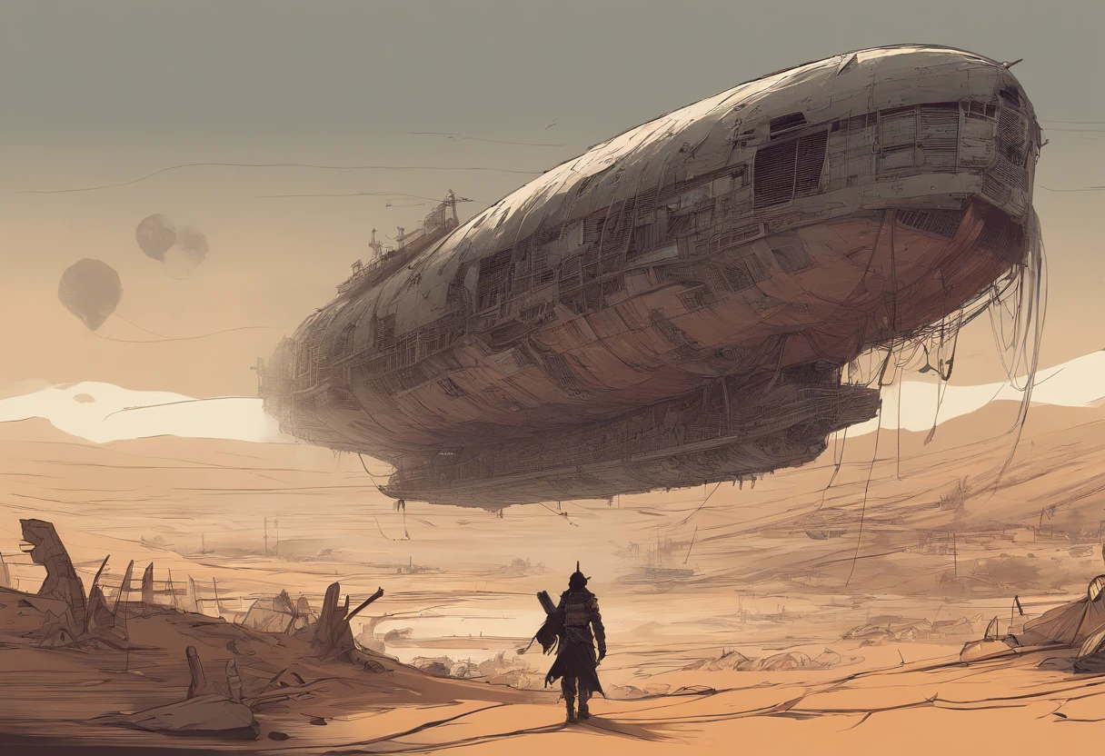 Post-apocalyptic wars, shadowing, Nero, A desert , shadowing, Gloomy atmosphere, darkly, ((natta)), The breadth of the landscape, book cover，Wasteland，A desert，Dilapidated airship，Japanese style。Japanese airship