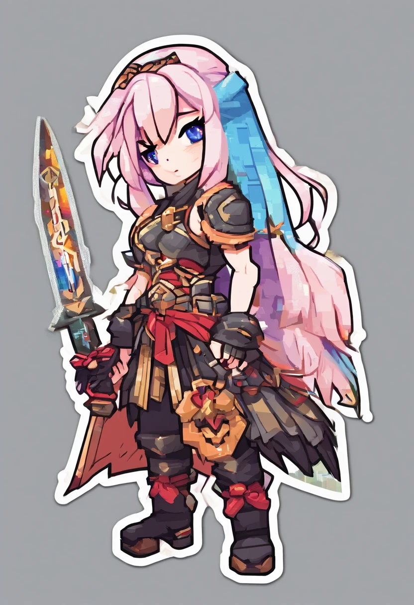 ((Sticker: 1.5))), ((Chibi character)), (white background), Fluffy, Girl, Kensei, Sword Sei, Sword Master Costume, With Holy Sword, Kensei pose, Chibi Chara, Full body, Pastel colored hair, Fairy tale, Fantastic, Rainbow, T-shirt design, Best Masterpiece, Best Quality, 16k,