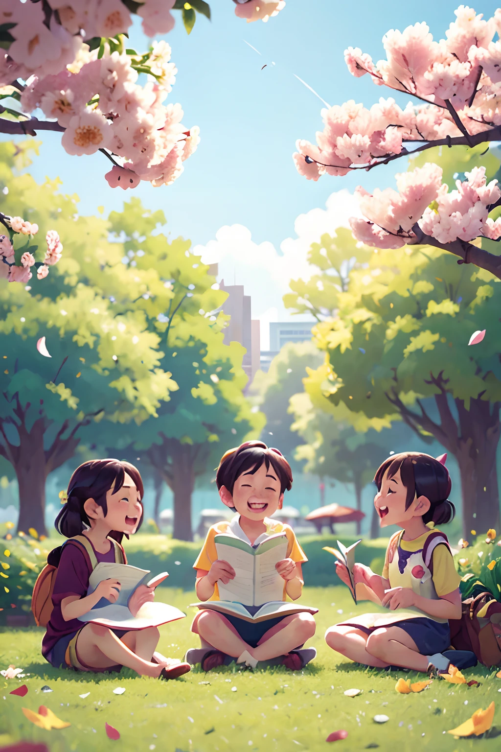 photoRealstic、Sit in a city park and enjoy studying with friends、Opens mouth and laughs、up of face、flower petals、season spring