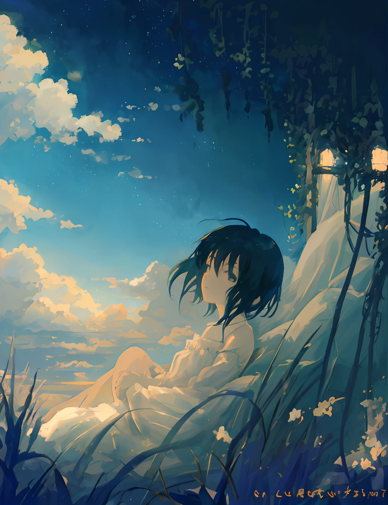 Create exquisite illustrations reminiscent of Makoto Shinkai's style, It has ultra-fine details and top-notch quality. Create an illustration depicting children lying on a bed of clouds, The sky above them is、Seductively whimsical and nostalgically serene. Clouds serve as a comfortable haven for them, Allows them to gaze peacefully at the world below. The sky itself exudes an aura of enchantment and nostalgia, Dreamy casting, hazy atmospheres. When they float above earthly worries、It's a moment of quiet bliss, Lost in the world of one's own imagination. This scene is、zora々Capturing the essence of wonder, Dream of cloudy landscape, Eta、The timeless charm of the sky