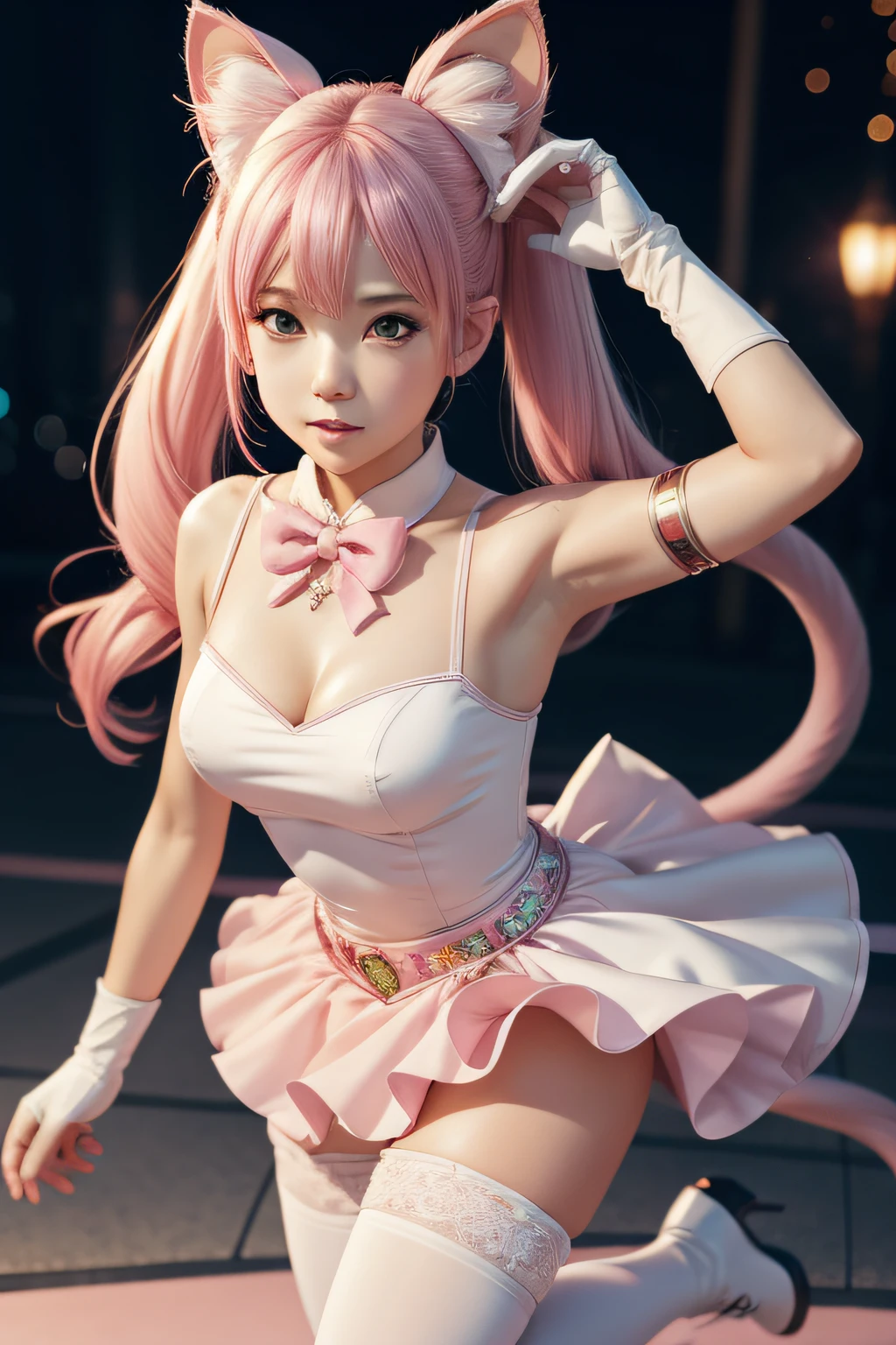 The modern meaning of anime. angled view, Face Close Action Portrait Beautiful "Chibiusa", Leaning forward, Slim body, Highly decorated、detaileds "Pink Crystal Skirt", "White top" "White Gloves", "Red-chested bow", Angle, "Pink Knee High Heel Boots", pantyhose, Depth-of-field blur effect[Depth of Field Blur, Night, Photorealistic. Cinematic lighting, Highly detailed. Best Quality, 4K, Better hands, Perfect Anatomy, Carp cute flirty concentration expression, reflection, flat-chest, Highly decorated clothing, Fight Battle Pose, White cat in Tokyo