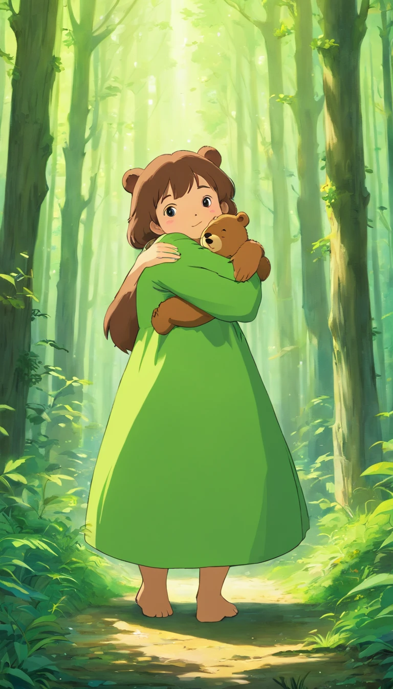 little bear,girl,hands in arms,green forest