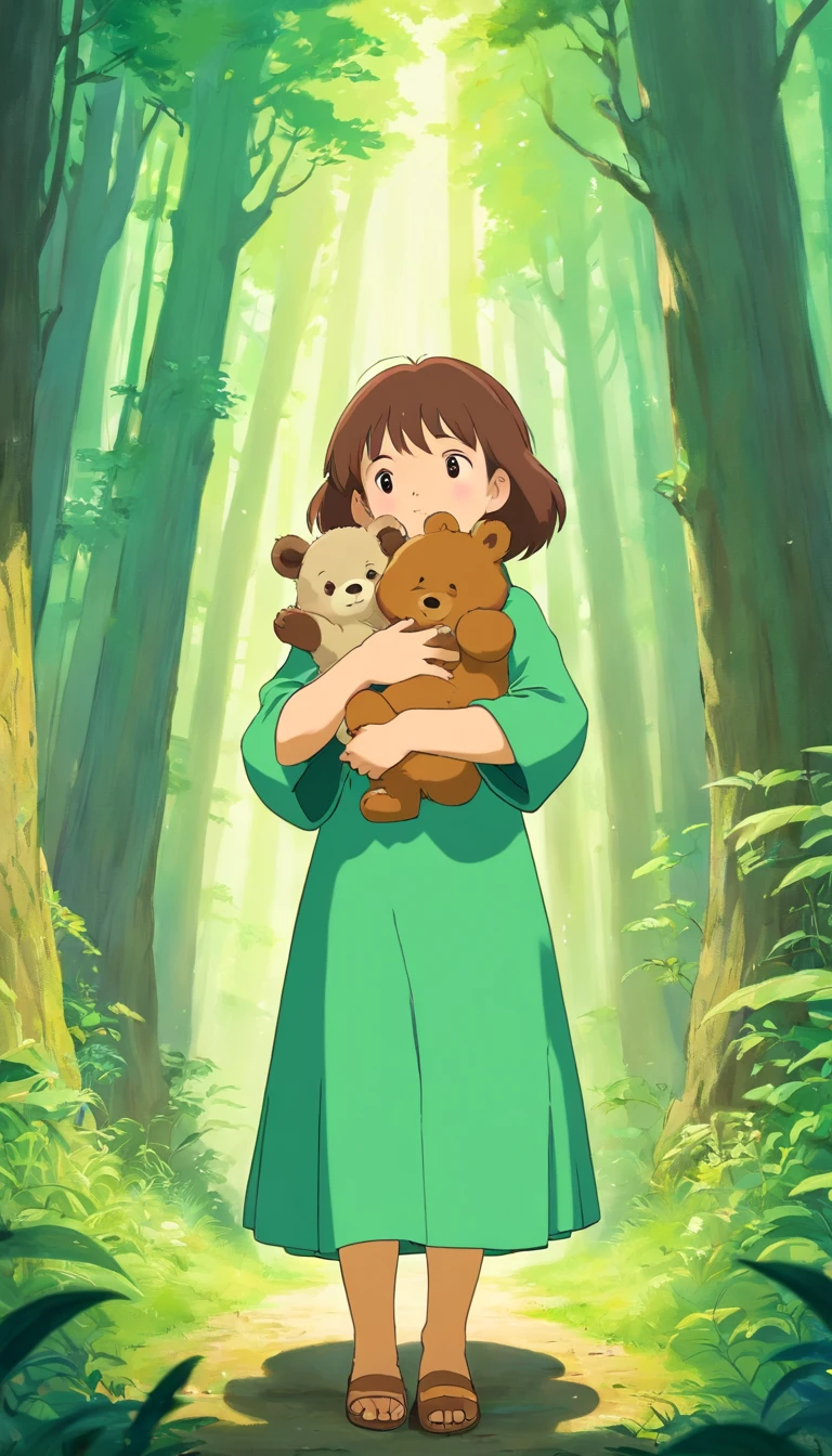 bear,girl,hands in arms,green forest