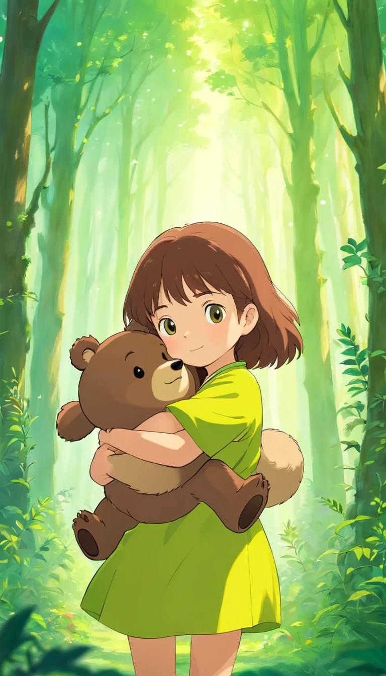 bear,girl,hands in arms,green forest