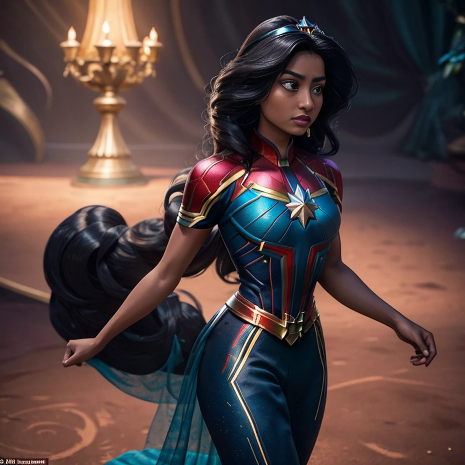 Full Shot, de bela princesa cabelo preto, [fantasia], fundo com arvores de cerejeiras, , olhando para o espectador, no plano astral, toned physique, perfect hands and limbs, (pele detalhada, poros de pele difusa), ethereal, maximum detail, max quality, (bloom: 0.5), raytracing, specular illumination, profundidade de campo rasa, liso, 10 dedos, vestido preto, Captain Marvel cinematic film, [Fantasia Arcana:12]