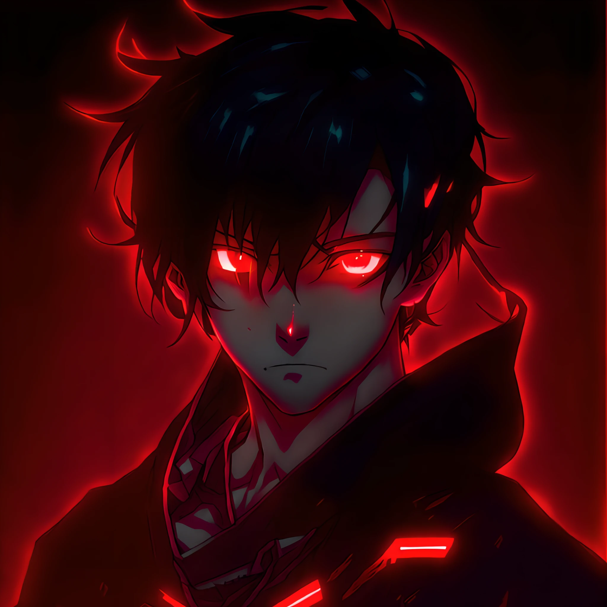 anime boy with red eyes and black hair in a dark room, with red glowing eyes, with glowing red eyes, his eyes are red and glowing, his eyes glowing red, glowing red eyes, with glowing eyes, red eyes glowing, red glowing eyes, handsome guy in demon slayer art, fully red eyes no pupils, fully red eyes, his eyes are bleeding intense