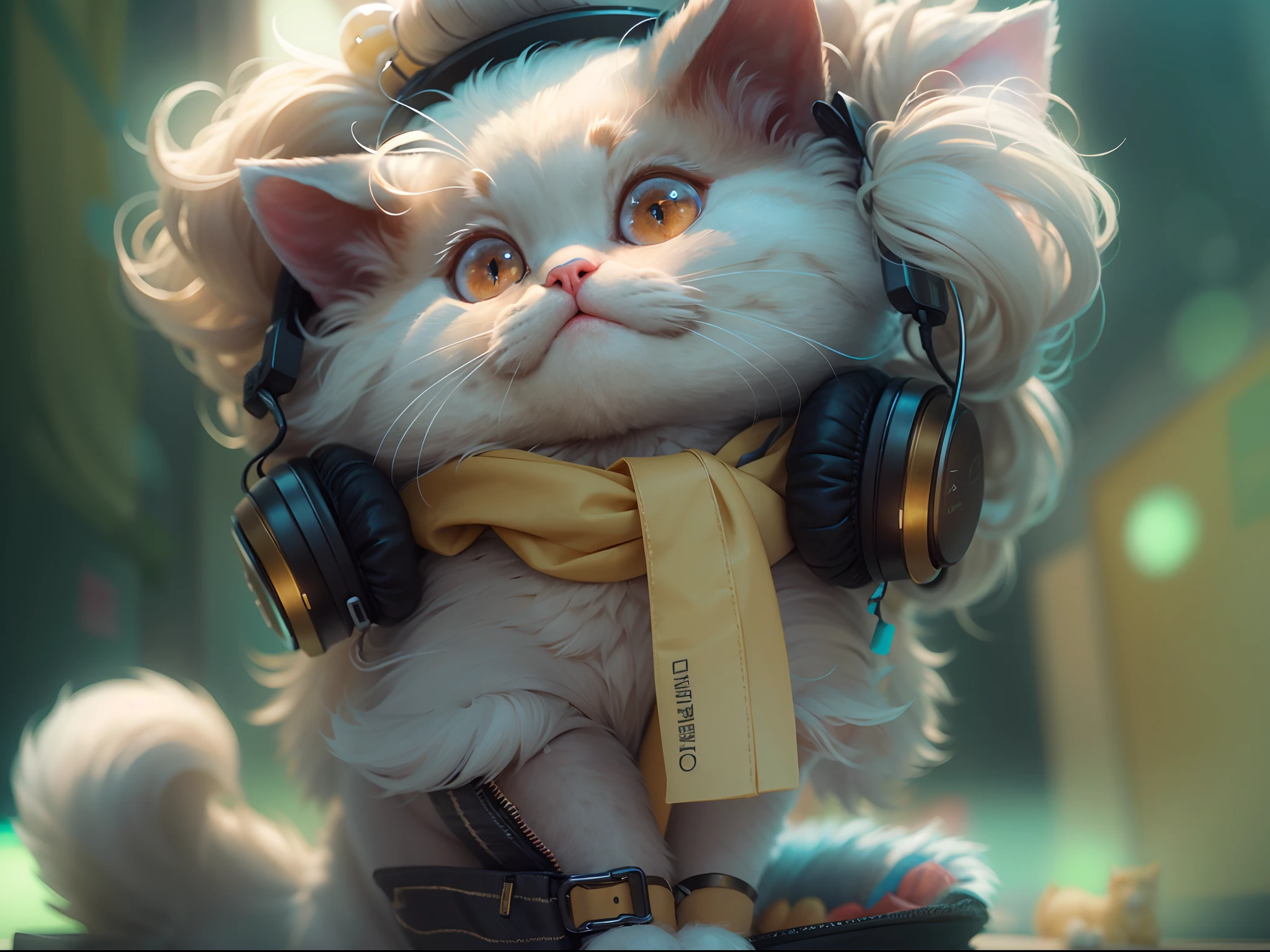 ((Best quality, 8K, Masterpiece: 1.4)),((Amazing detail: 1.3)),((illustration, Hairstyle Casual: 1.2)),((high resolution: 1.1)), A cute cat standing, headset on head, Tactical coat, Fashionab, Soft light, Colorful, Depth of field, Cinematic lighting, From below, Anatomically correct, Amazing art of painting, No Man,