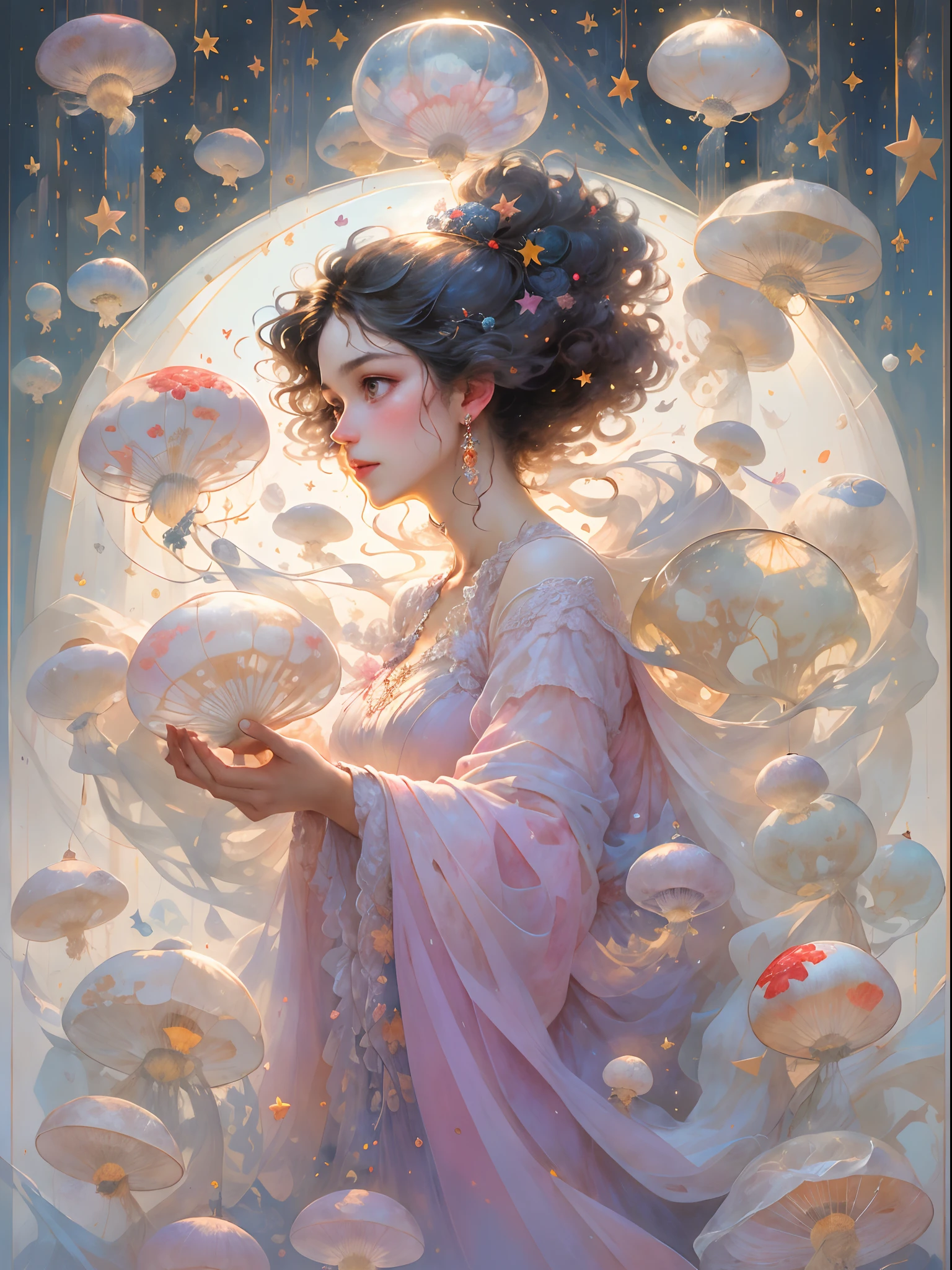 beautiful lady, Glamorous glowing lady with long curly hair, Tangled in her sheets, Messy hair, Blushing, Beautiful Big Eyes by Artgerm, Boris Vallejo, James Jean, McBeth, Milo Manara, norman rockwell :: Stunning floral art in the style of Charles Rennie Mackintosh, Thick masterpiece of Inpasto painting ::3 Rococo melt transparency, Delicate melt matte transparent translucent monk levitation, Poison fly Amanita mycelium Chinese lantern Very realistic planets and stars flying, Glacier multilayer, Translucent, Delicate multi-layered very delicate silk color, Pastel, thick impasto, Masterpiece