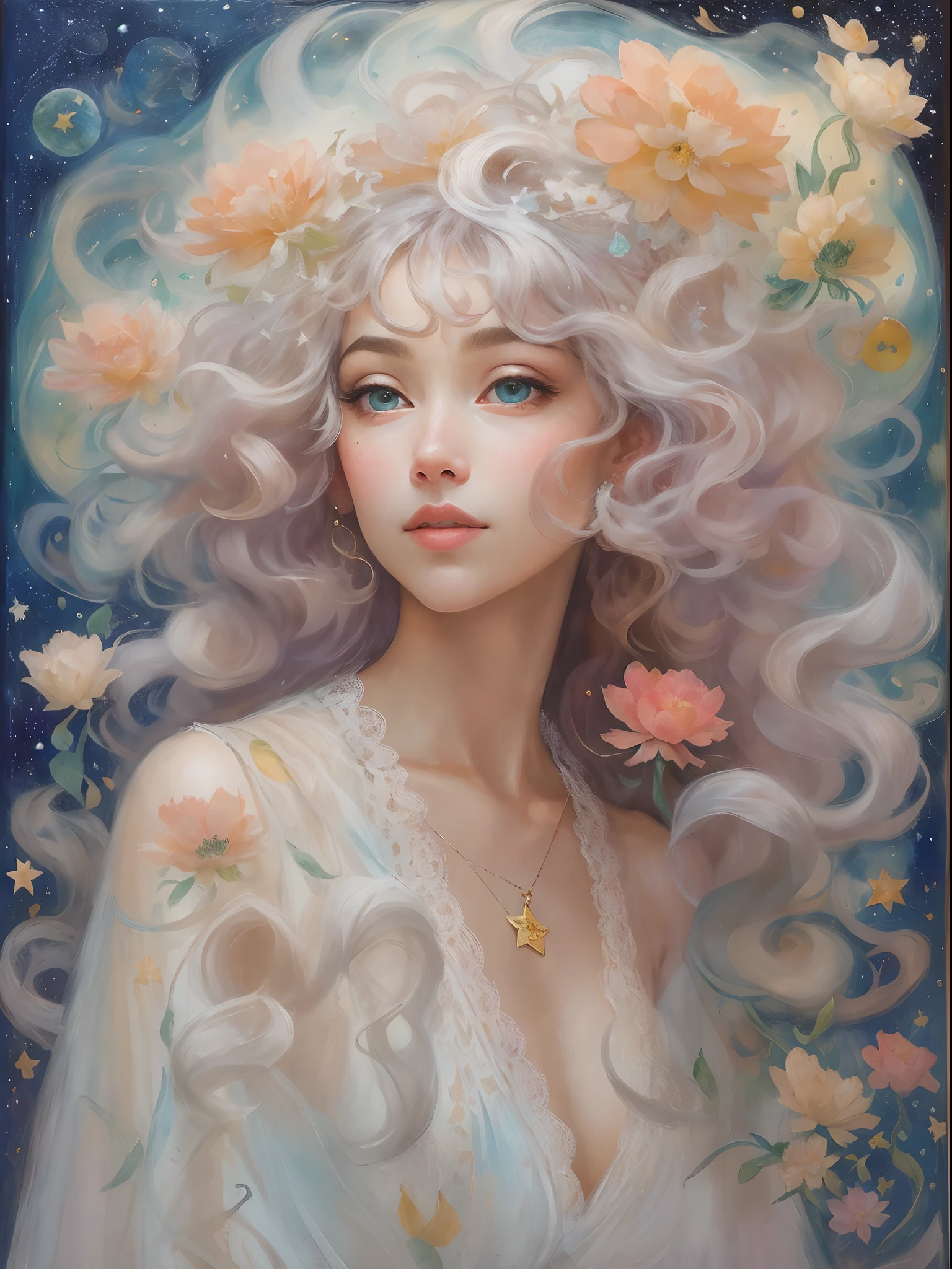 beautiful lady, Glamorous glowing lady with long curly hair, Tangled in her sheets, Messy hair, Blushing, Beautiful Big Eyes by Artgerm, Boris Vallejo, James Jean, McBeth, Milo Manara, norman rockwell :: Stunning floral art in the style of Charles Rennie Mackintosh, Thick masterpiece of Inpasto painting ::3 Rococo melt transparency, Delicate melt matte transparent translucent monk levitation, Poison fly Amanita mycelium Chinese lantern Very realistic planets and stars flying, Glacier multilayer, Translucent, Delicate multi-layered very delicate silk color, Pastel, thick impasto, Masterpiece