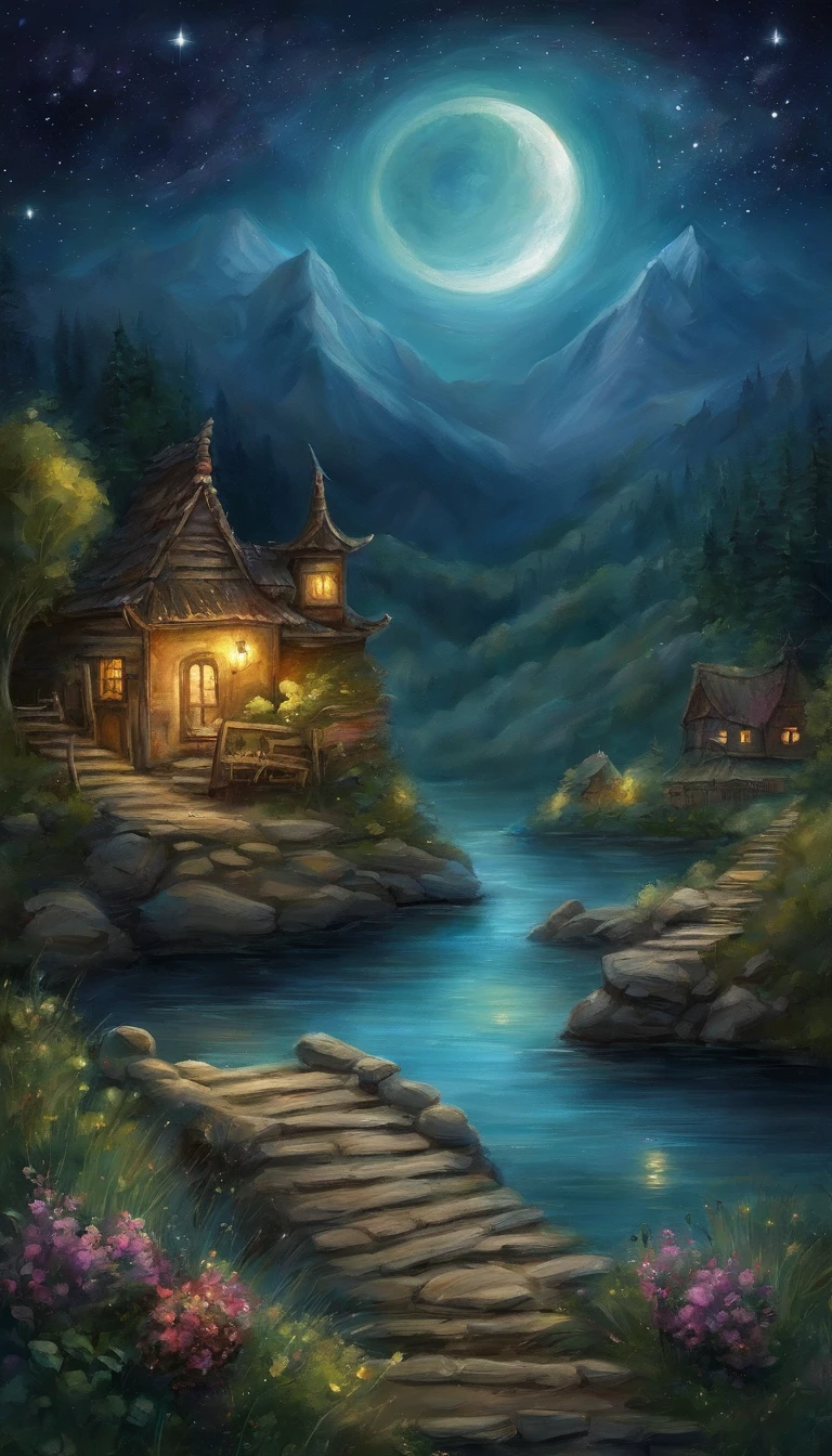 Night view of the old town,Seek and find,cheerless,The moon falls, the crescent moon falls into the lonely well,Fragmented,Bit by bit,There are flowers in dreams, green meadows in dreams,Long hair causes ripples,Shirabu Shishiiso,Kappa poles swing the boat,Crossing the ancient rare,(Small rivers),(Ancient boats),(There is a bright full moon in the distant night sky),(Shining stars),(Starcloud),(nighttime scene),Inspired by Van Gogh,(Van Gogh starry sky painting style),OilPaintStyle,8k wallpaper,light and shadow effect,Tyndall,rendering by octane,White balance,Unreal 5,Extremely detailed picture,depth of fields,tmasterpiece,realisticlying,RAY