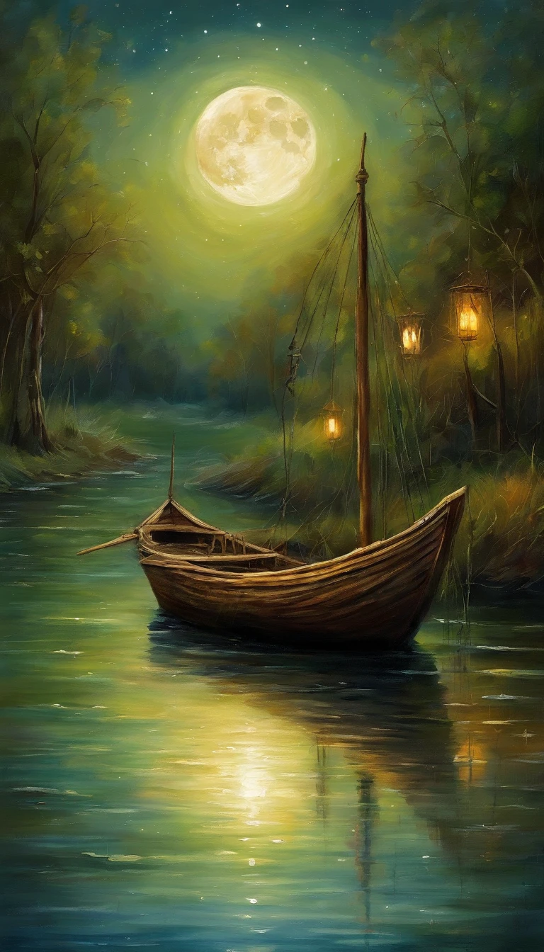 Night view of the old town,Seek and find,cheerless,The moon falls, the crescent moon falls into the lonely well,Fragmented,Bit by bit,There are flowers in dreams, green meadows in dreams,Long hair causes ripples,Shirabu Shishiiso,Kappa poles swing the boat,Crossing the ancient rare,(Small rivers),(Ancient boats),(There is a bright full moon in the distant night sky),(Shining stars),(Starcloud),(nighttime scene),Inspired by Van Gogh,(Van Gogh starry sky painting style),OilPaintStyle,8k wallpaper,light and shadow effect,Tyndall,rendering by octane,White balance,Unreal 5,Extremely detailed picture,depth of fields,tmasterpiece,realisticlying,RAY