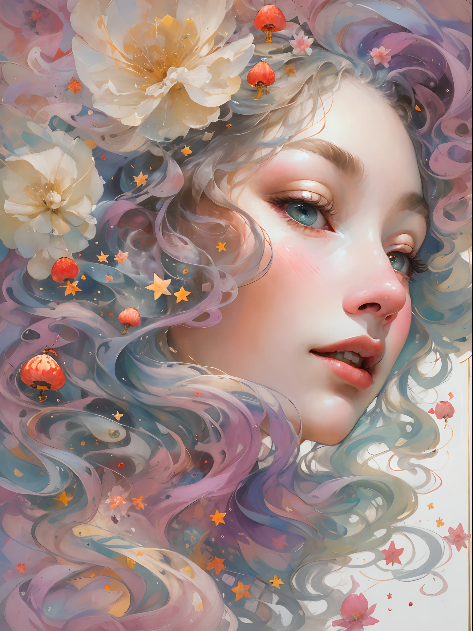 beautiful lady, Glamorous glowing lady with long curly hair, Tangled in her sheets, Messy hair, Blushing, Beautiful Big Eyes by Artgerm, Boris Vallejo, James Jean, McBeth, Milo Manara, norman rockwell :: Stunning floral art in the style of Charles Rennie Mackintosh, Thick masterpiece of Inpasto painting ::3 Rococo melt transparency, Delicate melt matte transparent translucent monk levitation, Poison fly Amanita mycelium Chinese lantern Very realistic planets and stars flying, Glacier multilayer, Translucent, Delicate multi-layered very delicate silk color, Pastel, thick impasto, Masterpiece