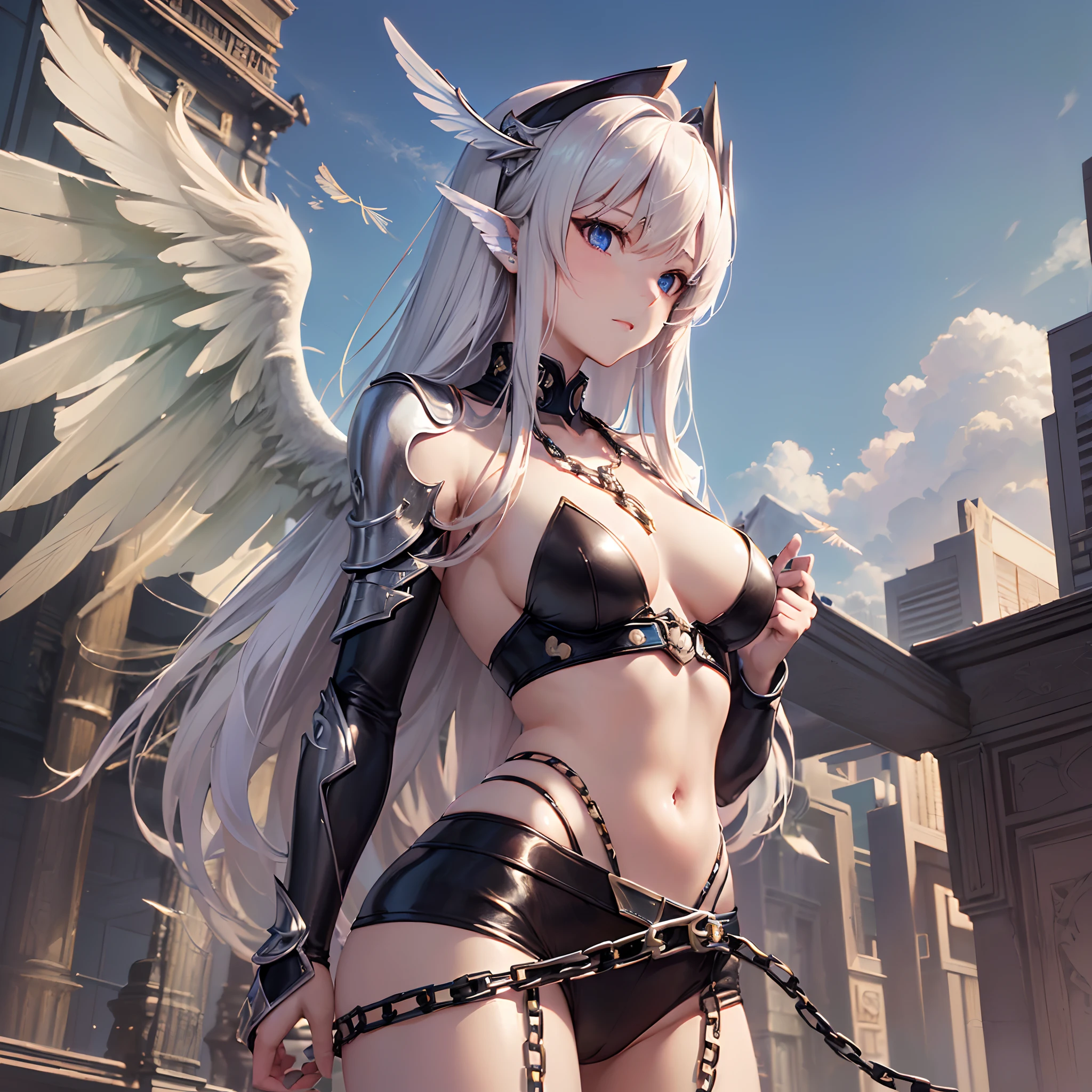 ((Finest quality)),(超A high resolution),(ultra-detailliert),((Best Anime)),sharpnes,Clair,Art with astounding depictions, (1人の女性,One-winged angel:1.5),fullnude,Belts that tighten the body,Long chains