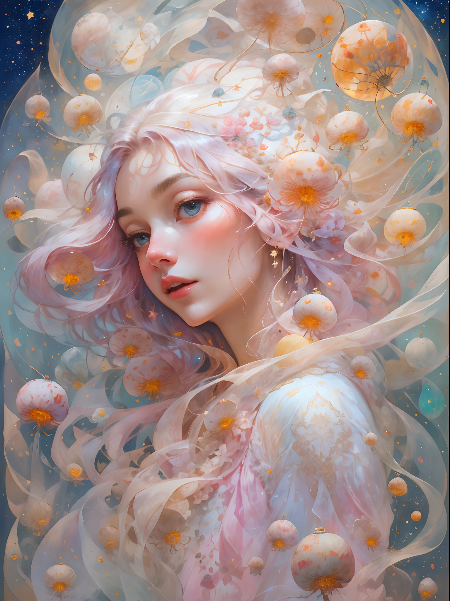 beautiful lady, Glamorous glowing lady with long curly hair, Tangled in her sheets, Messy hair, Blushing, Beautiful Big Eyes by Artgerm, Boris Vallejo, James Jean, McBeth, Milo Manara, norman rockwell :: Stunning floral art in the style of Charles Rennie Mackintosh, Thick masterpiece of Inpasto painting ::3 Rococo melt transparency, Delicate melt matte transparent translucent monk levitation, Poison fly Amanita mycelium Chinese lantern Very realistic planets and stars flying, Glacier multilayer, Translucent, Delicate multi-layered very delicate silk color, Pastel, thick impasto, Masterpiece