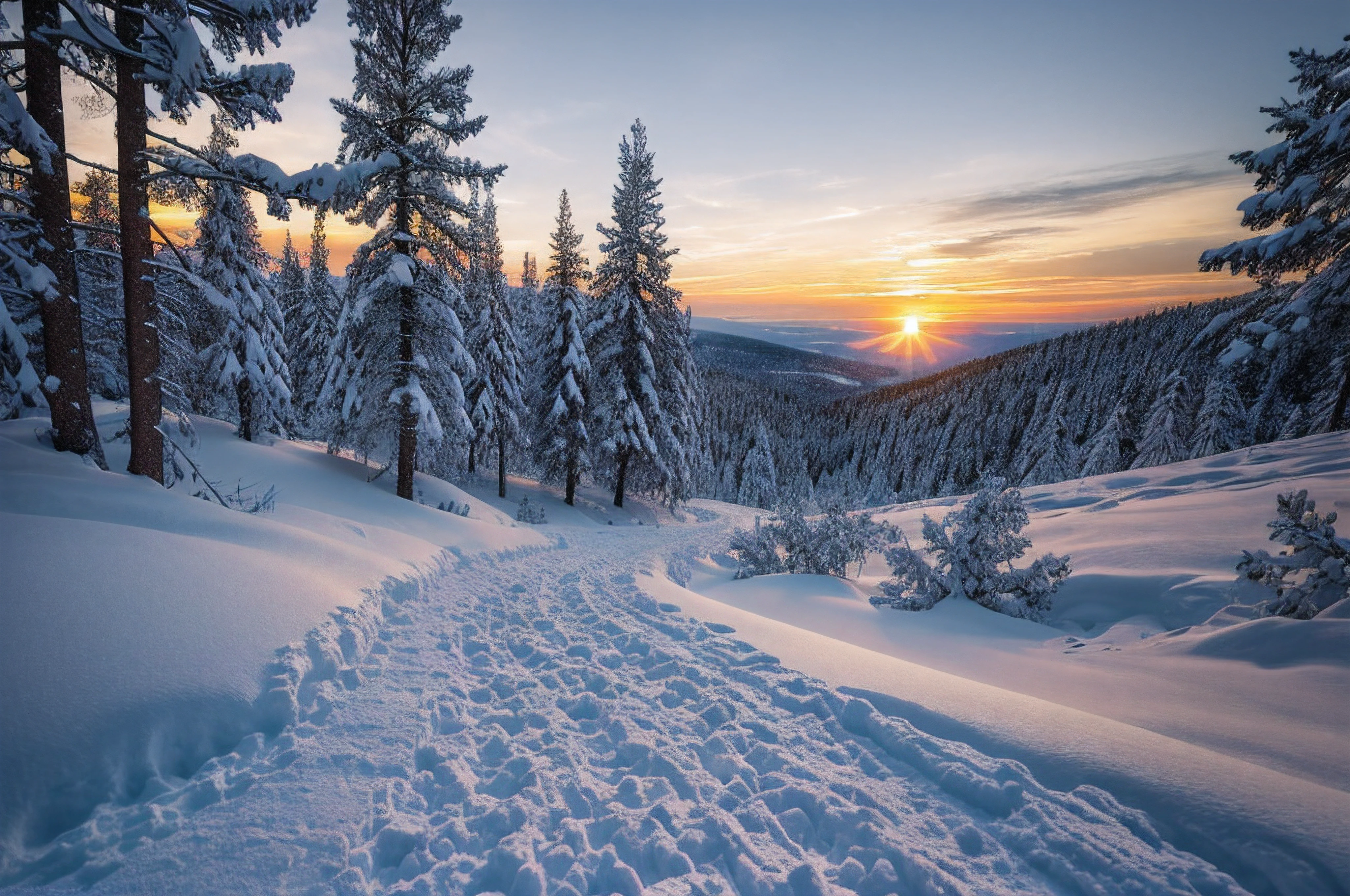 very high resolution, (fidelity: 1.4), photo, day, best quality, 8k, (masterpiece: 1.3), ultra realistic, sunset, snowy winter, trees covered with snow, only 1 path, 1 path with boulders on the side of the route, path in dense forest, best quality, very high resolution, raw photo, bright diffused light, hyperrealistic, detailed nature,