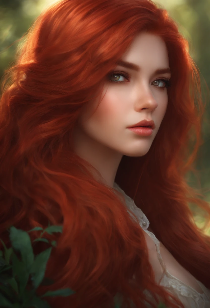 Realistic beautiful woman in anime red hair eyes saringgan