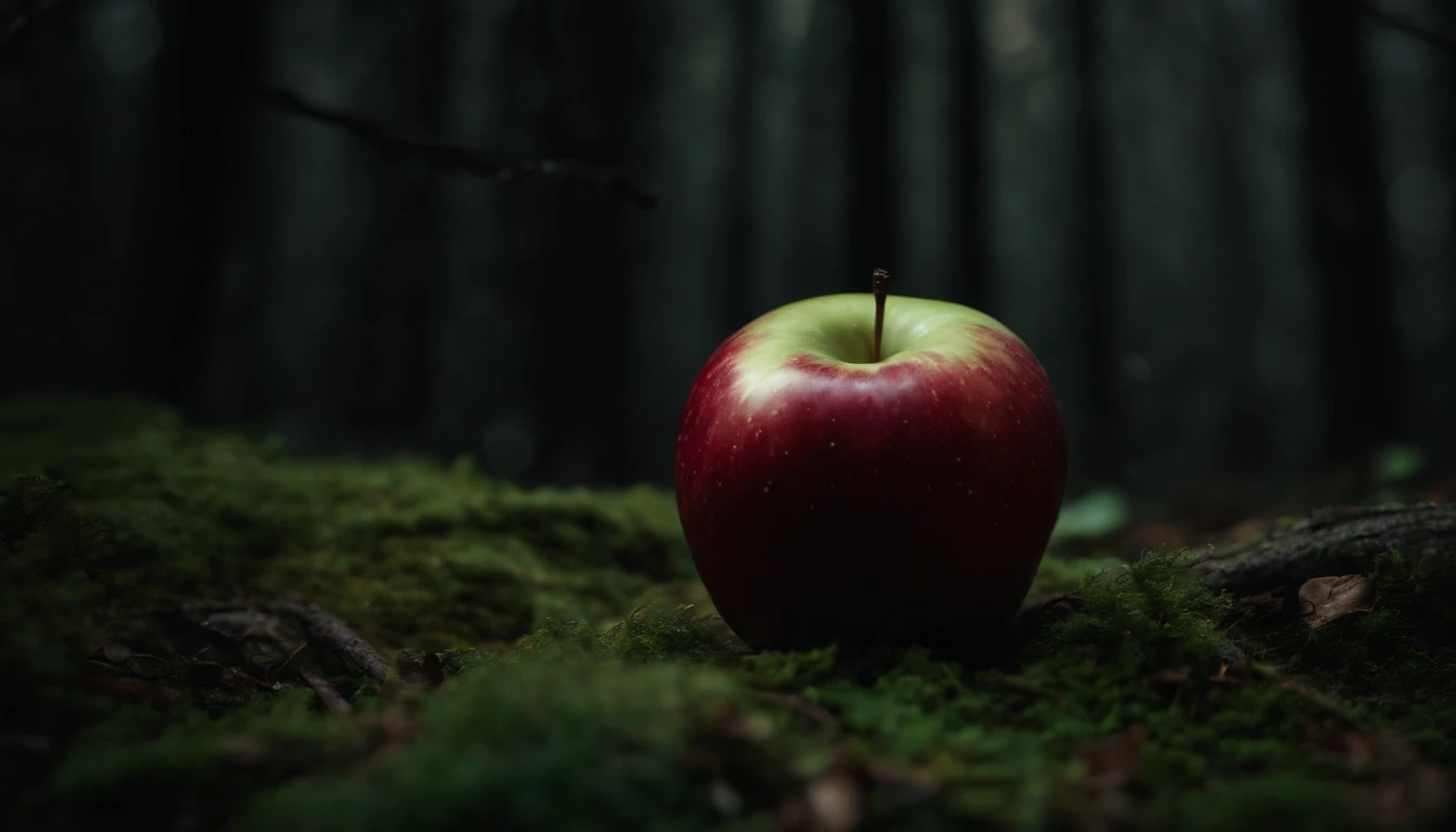 Close-up of a blood-red, dripping, moss-covered and rotting apple floating in a dark, foggy forest. The apple is surrounded by twisted tree roots and glowing, unusual eyes. Cinematic lighting, high detail, 8k, artstation, conceptual art, dark fantasy. Photo taken with Canon EOS R5 85mm f/11 Camera, ((sharp)) mode of people and surrounding scenery. Image quality ((8K)), ((lifelike)), ((masterpiece)), ((sharp and highest contrast)), ((great depth of field)), ((light stereolithography)). ((Một cô gái cực kỳ xinh đẹp)), ((đang ăn quả táo))