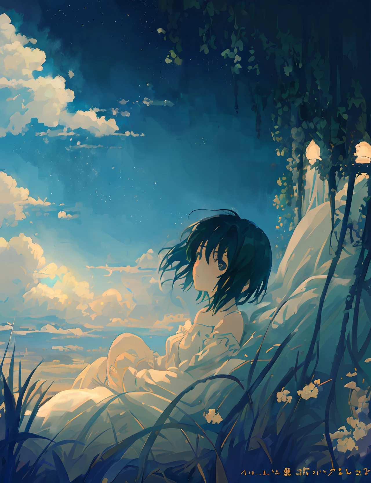 Create exquisite illustrations reminiscent of Makoto Shinkai's style, It has ultra-fine details and top-notch quality. Create an illustration depicting children lying on a bed of clouds, The sky above them is、Seductively capricious、Nostalgically calm. Clouds serve as a comfortable haven for them, Allows them to gaze peacefully at the world below. The sky itself exudes an aura of enchantment and nostalgia, Dreamy casting, hazy atmospheres. When they float above earthly worries、It's a moment of quiet bliss, Lost in the world of one's own imagination. This scene is、zora々Capturing the essence of wonder, Dream of cloudy landscape, Eta、The timeless charm of the sky