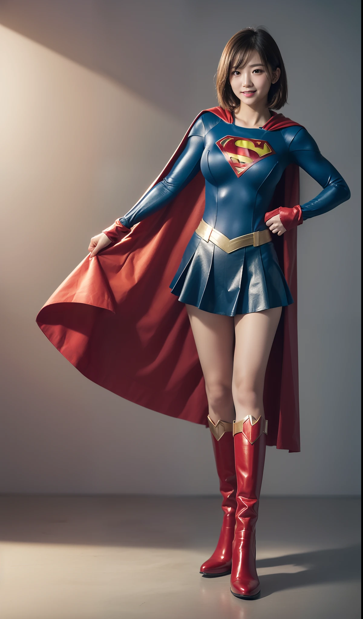 (((Make the most of the original image)))、(((Supergirl Costume)))、(((shiny short hair)))、(((Suffering)))、(((Feet must necessarily be worn with black tights)))、(((Smile)))、(((You need to wear red boots)))、((Top image quality、8K))、((top-quality、8K、​masterpiece:1.3))、Crisp focus:1.2、Beautiful woman with perfect body shape:1.4、Slender Abs:1.2、((layers-Cut、large boob:1.2))、a wet body:1.5、Highly detailed facial and skin texture、